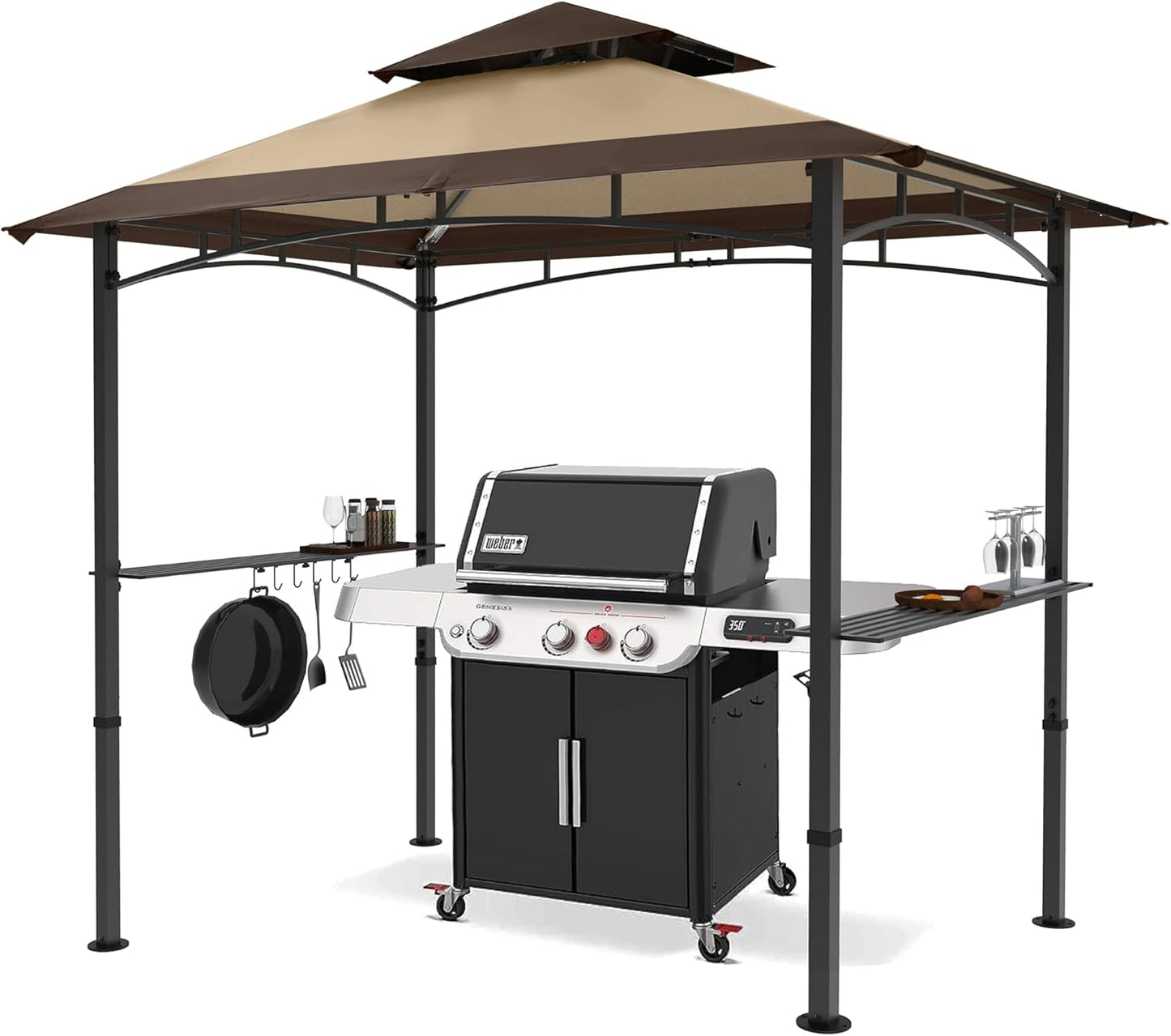 MASTERCANOPY 8 x 5 Grill Gazebo Outdoor BBQ Gazebo Canopy with 2 LED Lights (Brown Stitching Khaki)