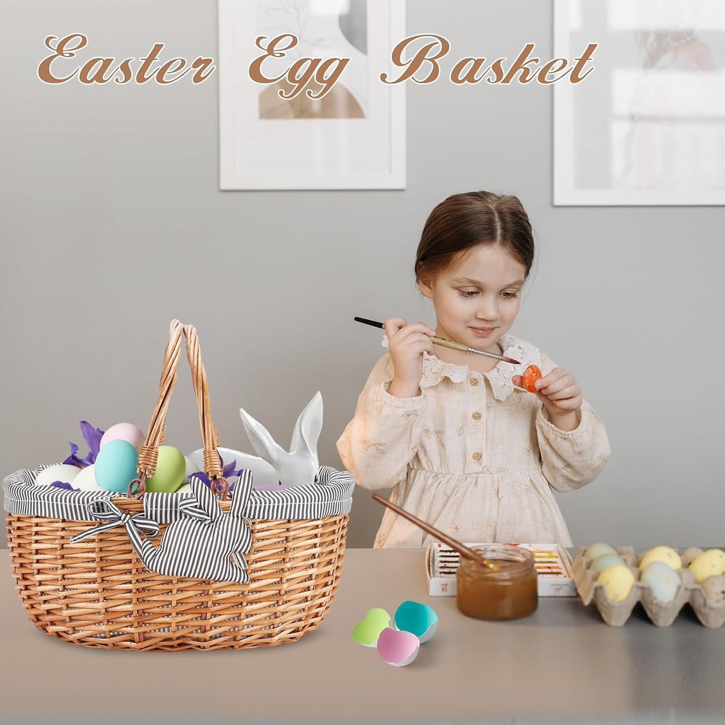 G GOOD GAIN Oval Picnic Basket with Folding Handles, Willow Hand Woven Shopping Basket, Bath Toy Kids Toy Storage Gift Packing Basket, Wicker Empty Easter Eggs and Candy Small Gift Basket. Grey
