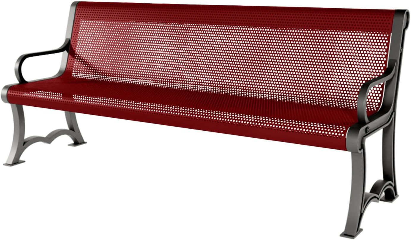 Heavy-Duty Outdoor Bench Thermoplastic Coated, Punched Steel, Commercial-Grade Garden Bench, Made in America (Portable with Back, 6 Ft, Textured Burgundy)