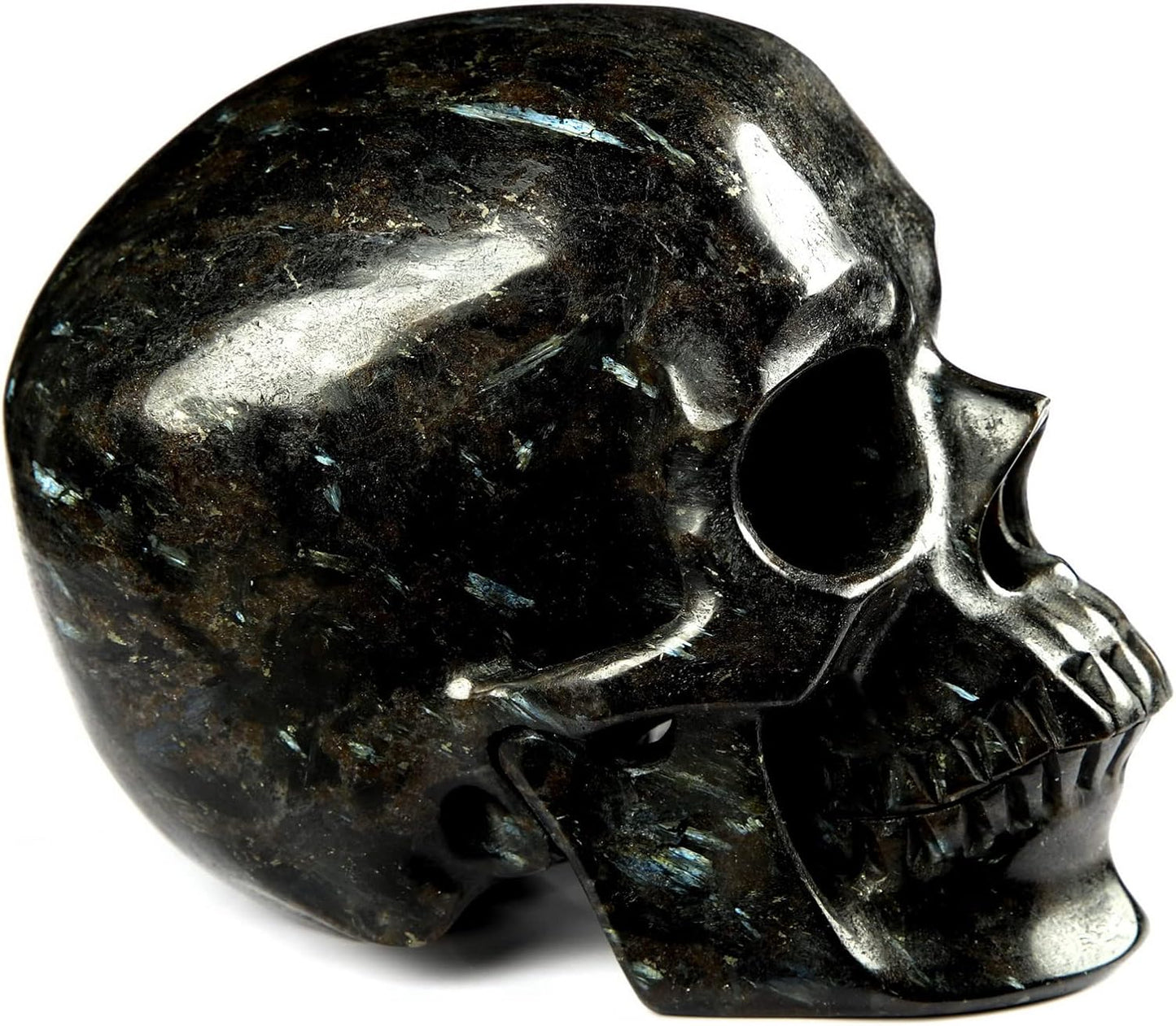 Skullis 5.0" Russian Arfvedsonite Hand Carved Crystal Skull, Super Realistic, Crystal Healing, Hand Carved Gemstone Fine Art Sculpture, Reiki Healing Stone Statue. z8