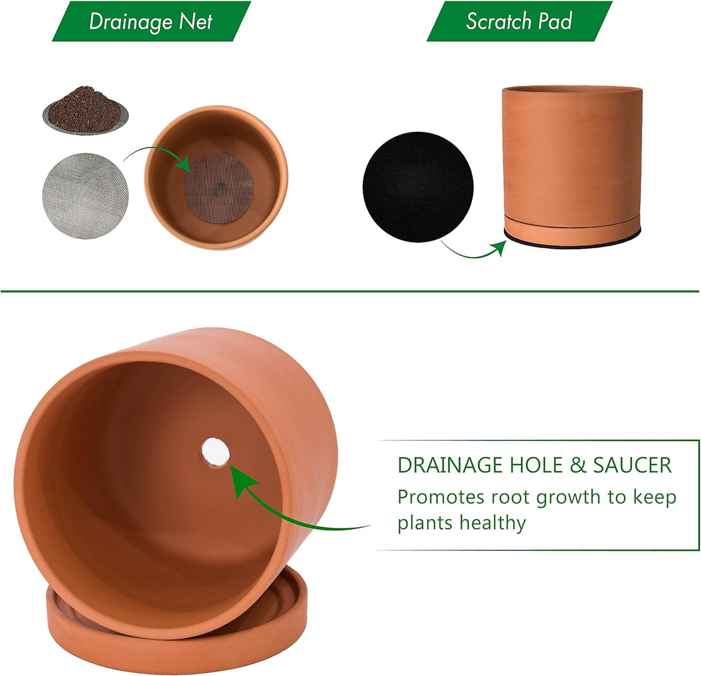D'vine Dev Terracotta Pots for Plants, 6.5 Inch 8.3 Inch 10 Inch, Round Cylinder Planter Pot with Drainage and Saucer, 40-T-C-0