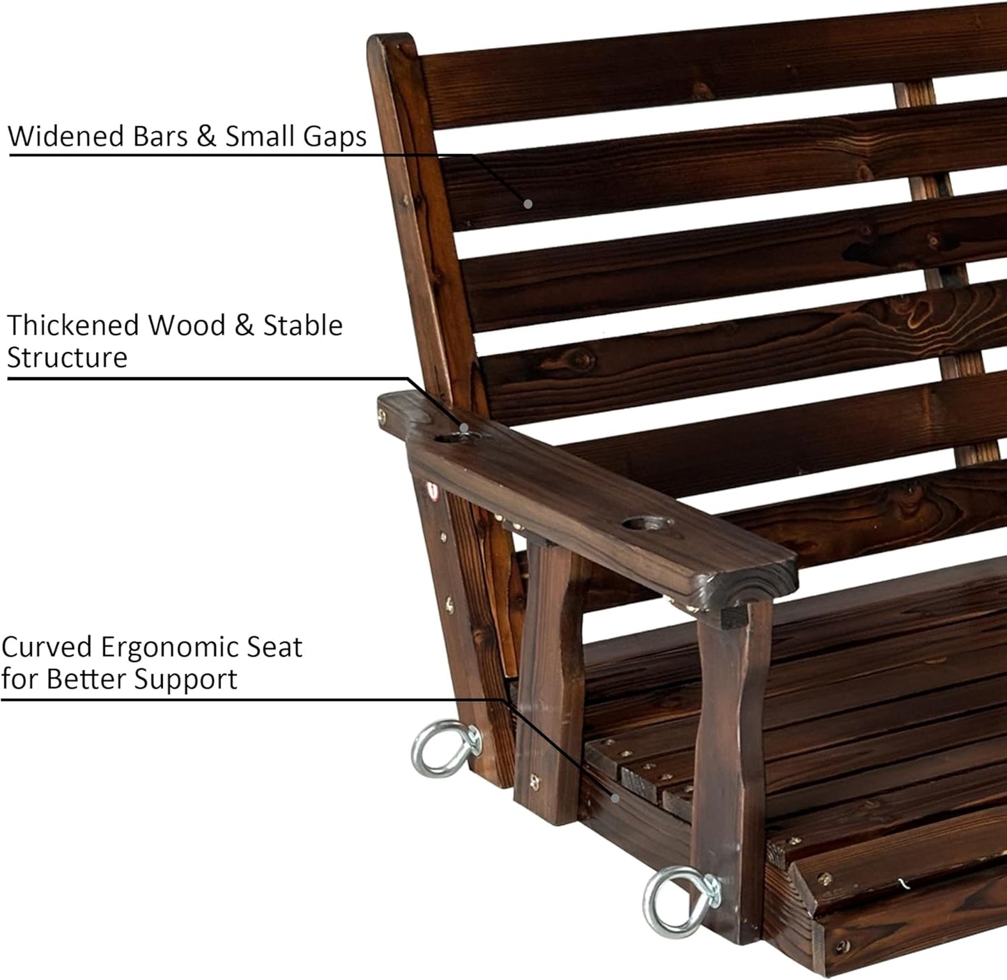 Wooden Porch Swing, Ergonomic Seat, Bench Swing with Hanging Chains and 7mm Springs, Heavy Duty 880 LBS, for Outdoor Patio Garden Yard (Deep Brown, 3-Seater Extra Large)