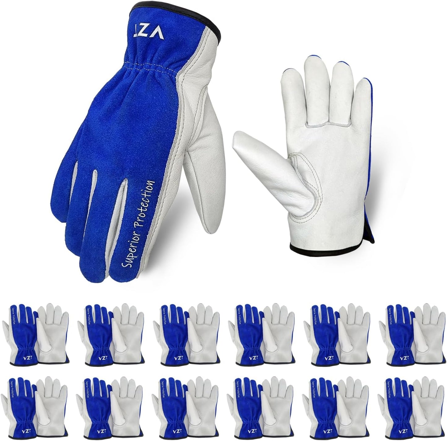12 Pairs Bulk Leather Work Gloves for Men or Women for Construction, Wood cutting, Driving, Gardening, Automotive Repair, Water Resistant, Soft, Cowhide, Class 4 Abrasion Resistant, Blue-White, M