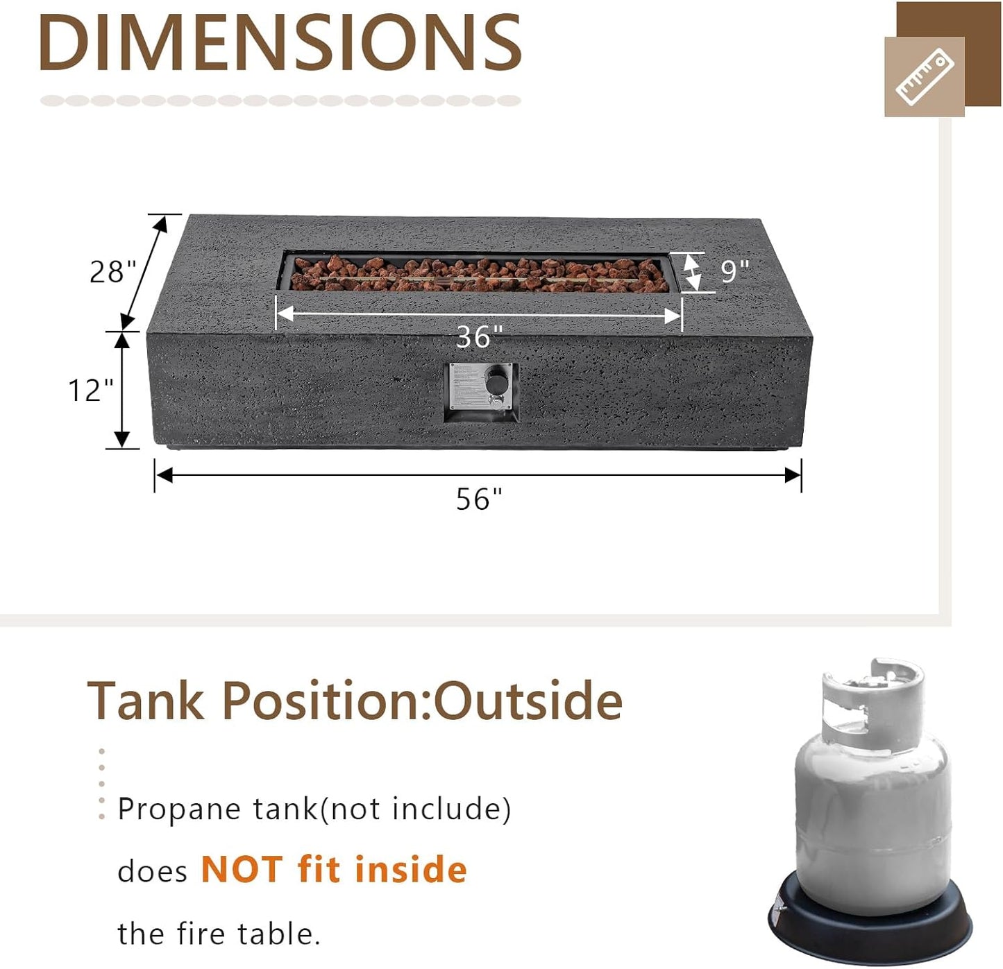 COSIEST 56-inch x 28-inch Outdoor Propane Fire Pit Coffee Table w Concrete Rectangle Base, 50,000 BTU, Free Lava Rocks and RainCover, Fits 20lb Tank Outside, Gray