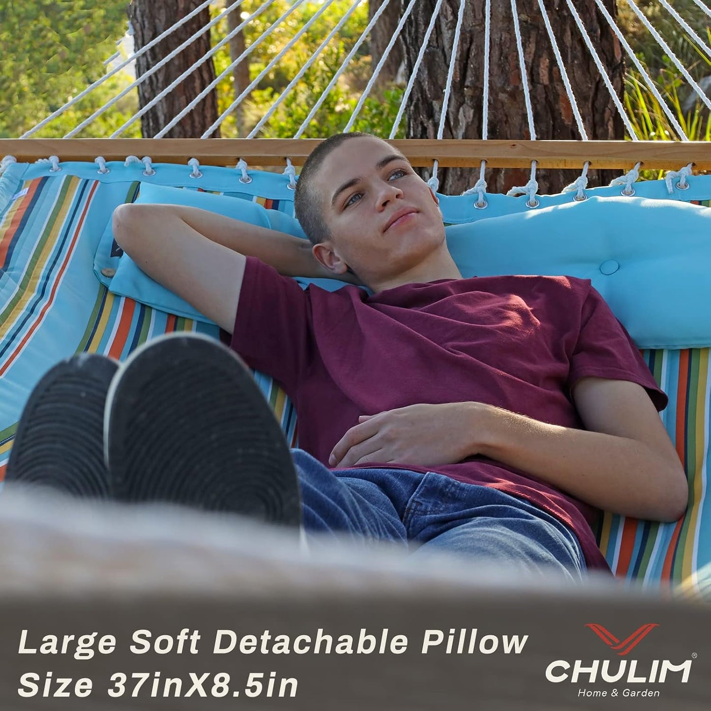 12 FT Double Quilted Fabric Hammock with Spreader Bars and Pillow 450 LBS Weight Capacity 2 Person Hammock for Outdoor Patio Backyard Poolside Blue Stripes