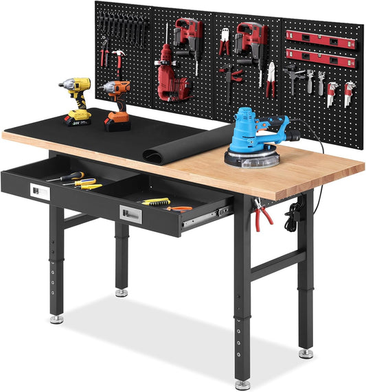 Work Bench with Drawers Adjustable Workbenches for Garage 60 Inch Rubber Wood Top Garage Workbench with Pegboard,Power Outlets for Woodworking, Home, Office, Workshop