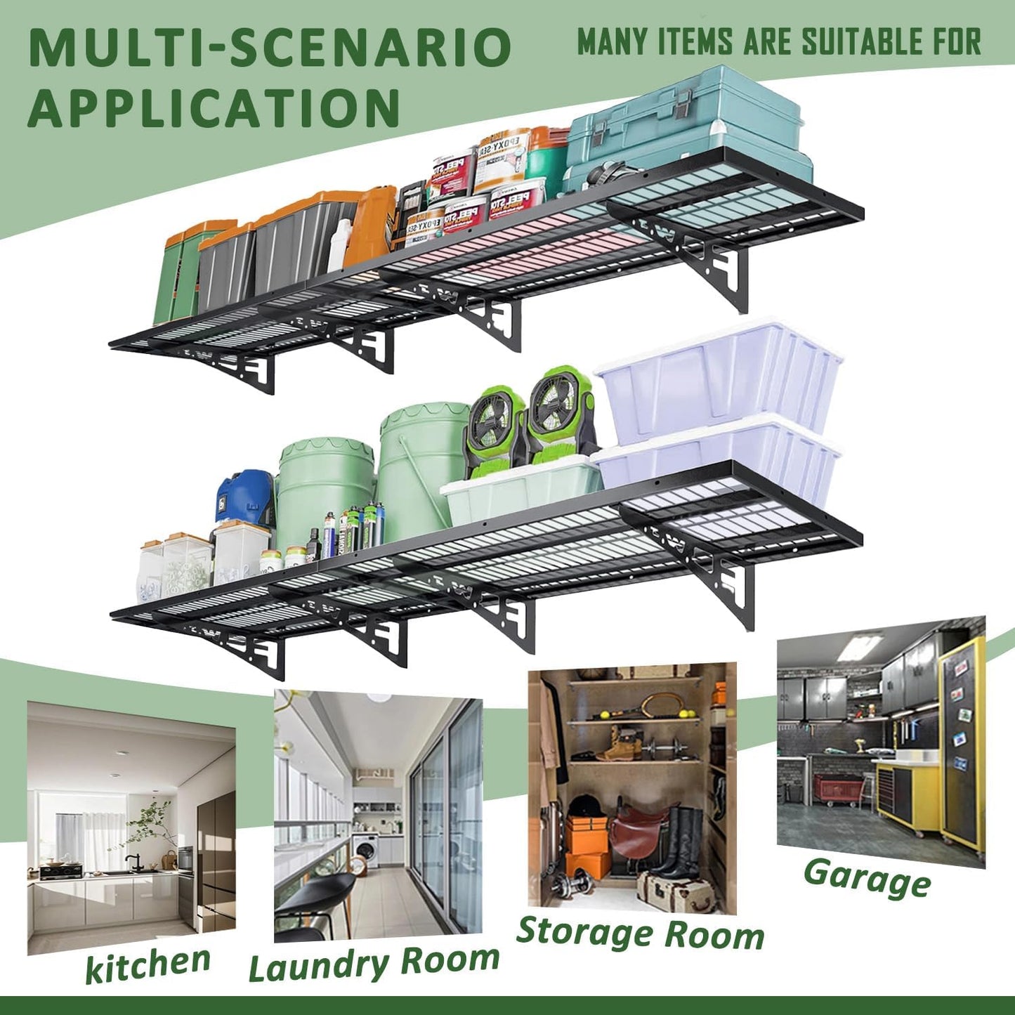 4 Pack Garage Wall Shelving, Heavy Duty 1.5' x 3.8' Wall Mount Storage Shelf with Hooks, Garage Storage Rack Floating Shelves, Holds 250 lbs Each