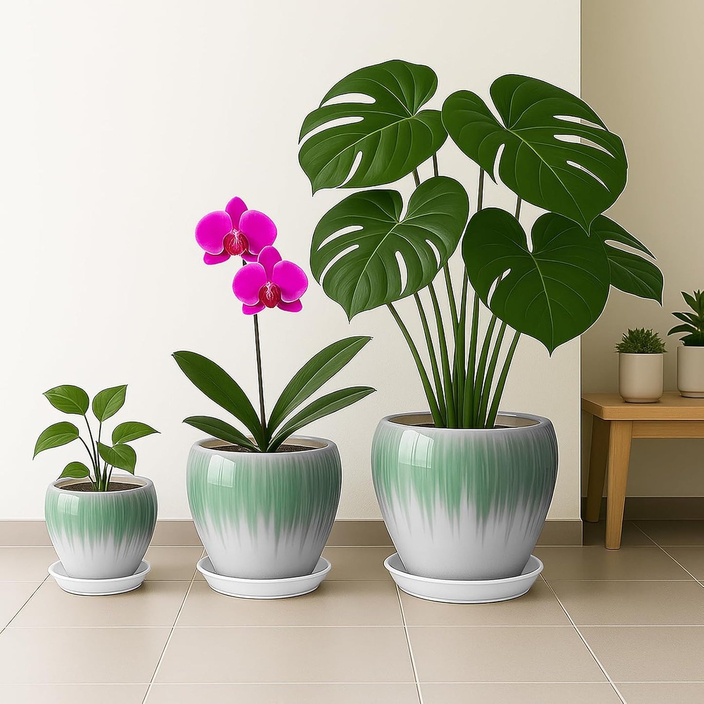 Deep Dream 6 Inch Plant Pots- Ceramic Planter Pot with Drainage Hole and Saucer, Round Flower Pot for Indoor Outdoor Succulent, Snake Plants and Cactus, White&Green