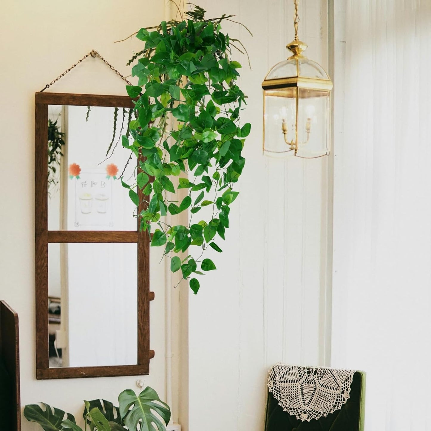 Fake Hanging Plants Vines(3pcs) for Room Decor, Artificial Ivy Greenery Garlands for Home Bedroom Living Aesthetic Kitchen Office Wall Patio Bookshelf,Indoor,Outdoor Farmhouse Decorations(No Basket)