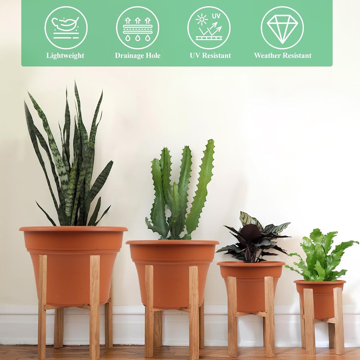 16 inch Plastic-Flower-Pot-for-Indoor-Plants, 4 Pack Large Outdoor Planter Pot with Drainage Holes & Saucers, Resin Decorative Garden Pots Planters