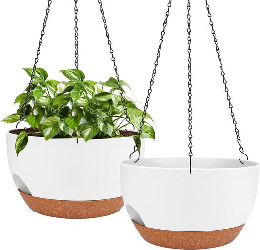 Hanging Planters for Outdoor Indoor Plants, 2 Pack 12 Inch Hanging Basket Plants Outdoor, Self Watering Hanging Planter with Plant Hanger for Garden Home Decoration (White)