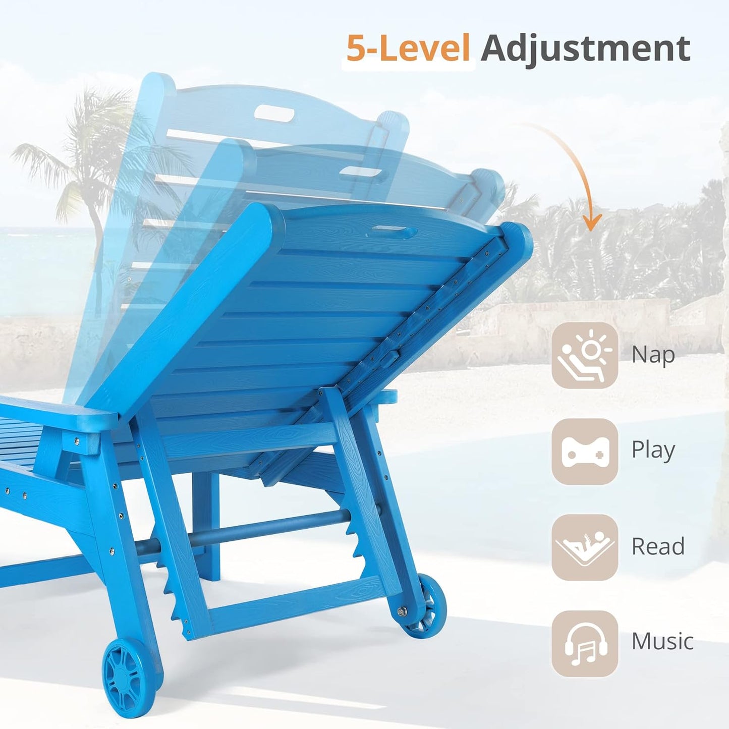 LUE BONA Chaise Lounge Chairs Set with Table, 6-Piece, 79'' Oversized HDPS Chaise Lounger, 5 Positions Adjustable Lounge Chairs, Pool Lounge Chair with Wheels for Poolside, 3 Year Warranty, Blue