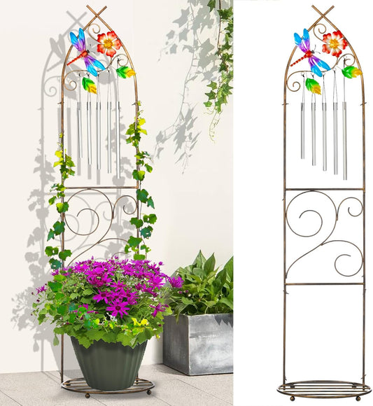 Plant Stands with Garden Trellis, 48” Metal Standing Wind Chimes Plant Pot Trellis with Dragonfly for Garden Patio Backyard Climbing Plants Outdoor Decor