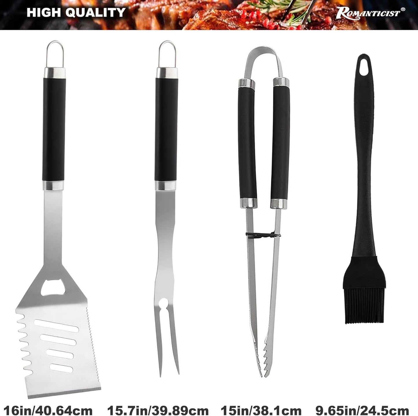 ROMANTICIST 20pcs Heavy Duty BBQ Grill Tool Set in Case - The Very Best Grill Gift for Father's Day and Christmas - Professional BBQ Accessories Set for Outdoor Cooking Camping Grilling Smoking, Black