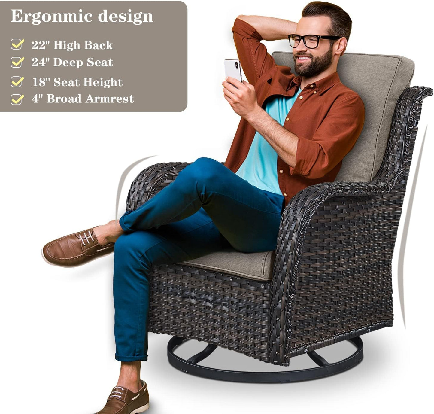 Outdoor Patio Furniture Set - 7 Piece Brown Wicker Conversation Patio Furniture Set All Weather Swivel Chairs with Ottoman and Loveseat Glider Chair for Deck Balcony Backyard