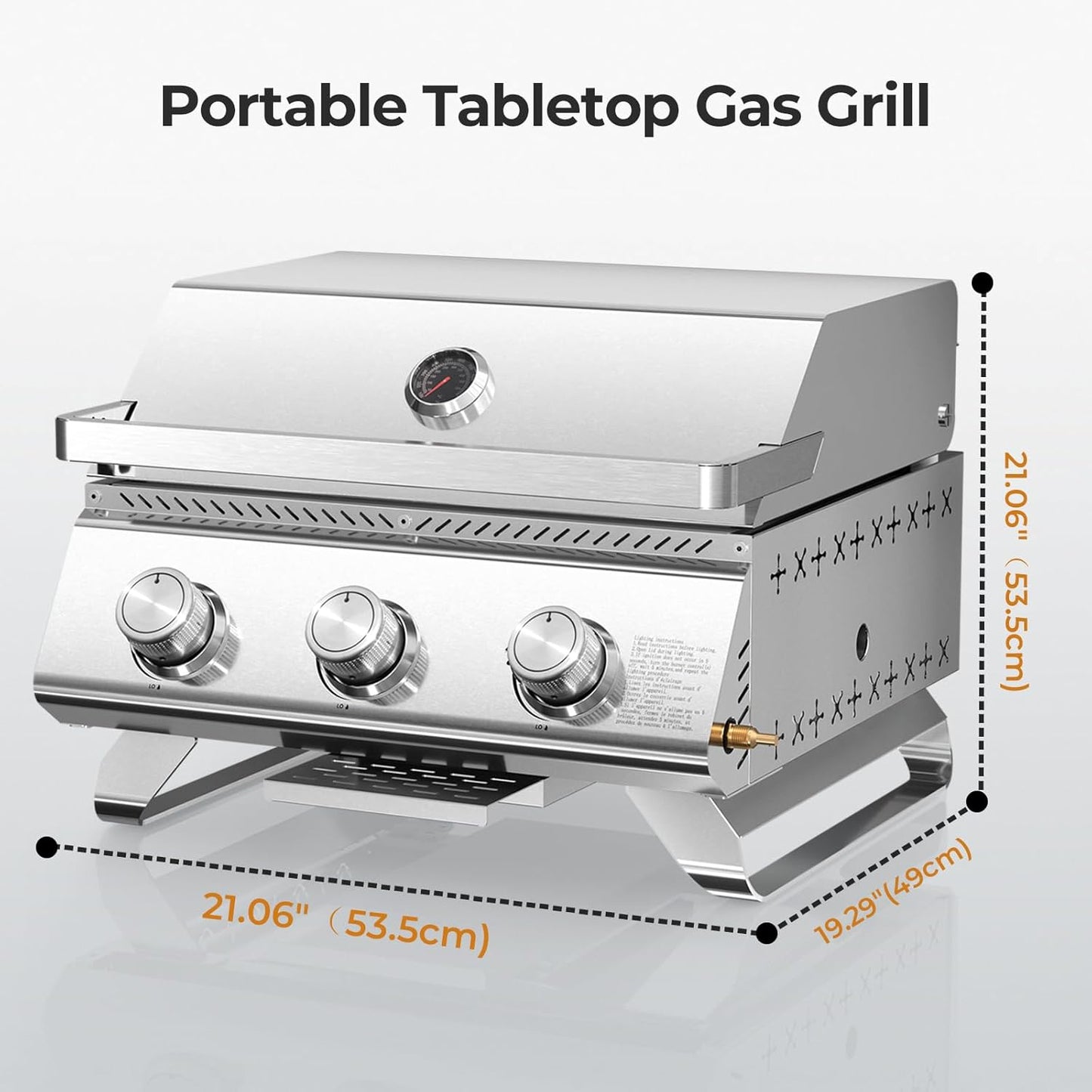 R.W.FLAME Premium 3 Burner Tabletop Propane Gas Grill Stainless Steel Portable Outdoor BBQ Grill with Griddle,24,000 BTU Multi-Zone Cooking,Built-in Thermometer,Backyard,Camping & Patio Gatherings