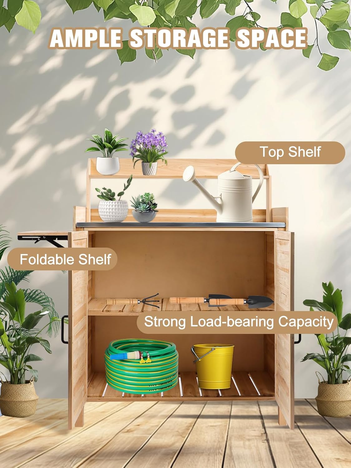 Kalolary Potting Bench for Outside Garden Potting Table with Storage Cabinet Foldable Shelf Multipurpose Garden Workstation Wooden Outdoor Potting Bench for Patio Garden Horticulture