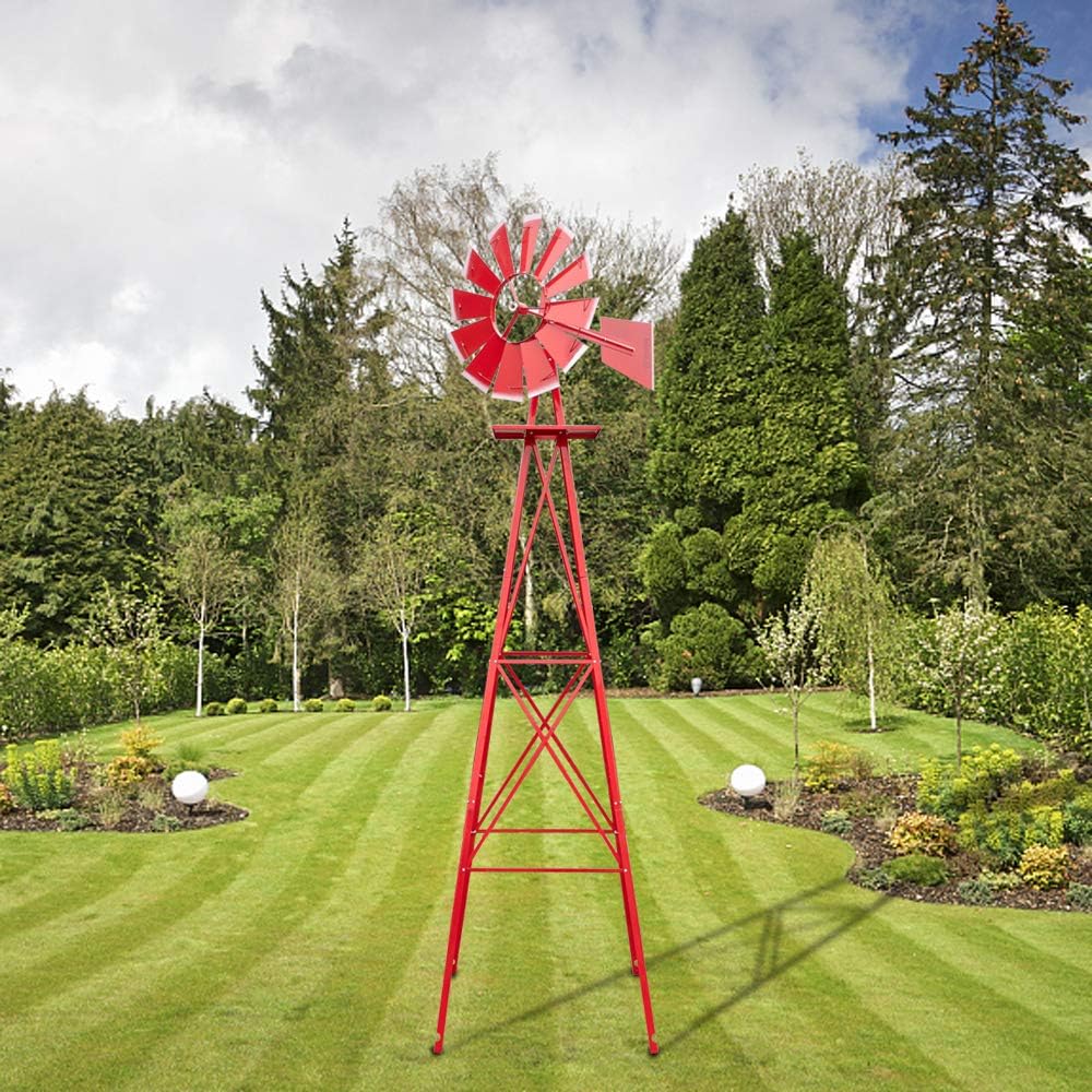 VINGLI 8FT Metal Windmill Ornamental Spinner Backyard Garden Decoration Weather Vane, Heavy Duty Wind Mill w/ 4 Legs Design, Red