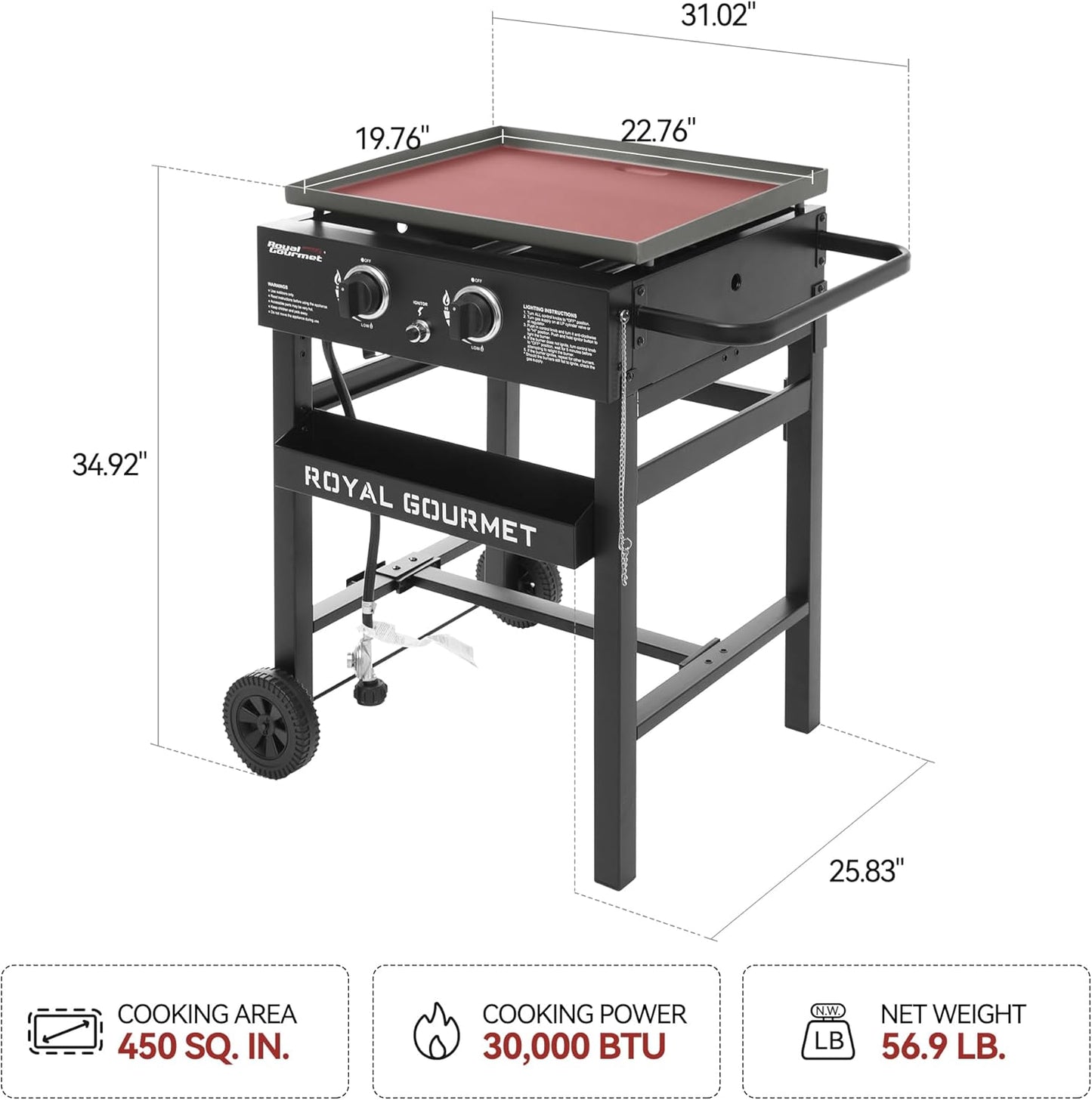Royal Gourmet GB2000N 2 Burner Propane Gas Griddle, 23 Inch Flat Top Grill with 450 Sq. In. Cooking Area for Backyard and Tailgating, Black