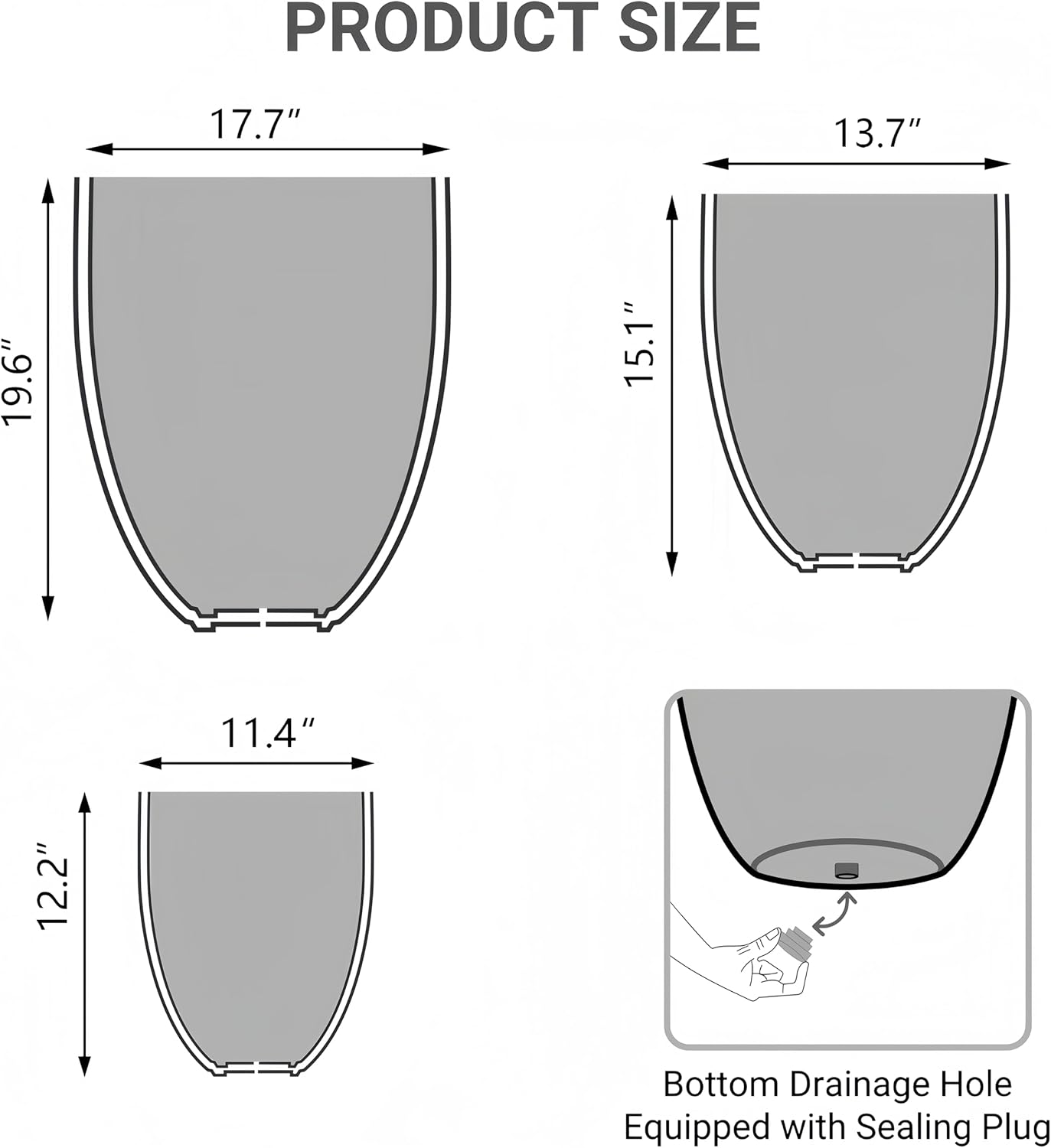 17.7"+13.8"+9.8" Dia Round Concrete Planter Set of 3, Large Indoor Outdoor Planter, Flower Pots with Drainage Holes and Sealing Plug for Garden, Patio, Home, Office Weathered Concrete Gray