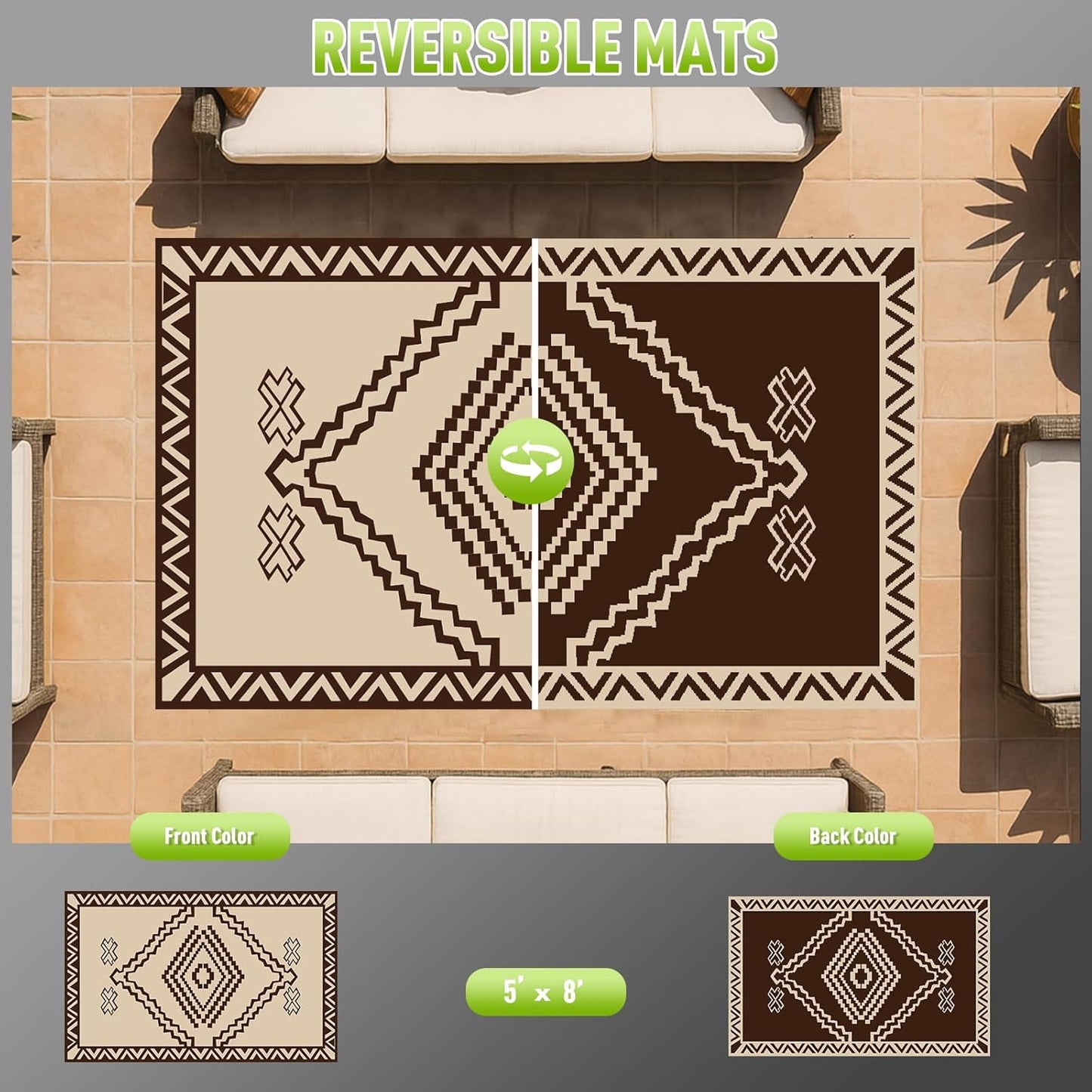 WILDROOTS 5x8 Feet Del Diamond Plastic Outdoor Rug, Stain Resistant Waterproof Reversible Outdoor Patio Rug, Fade Resistant Camping Rug