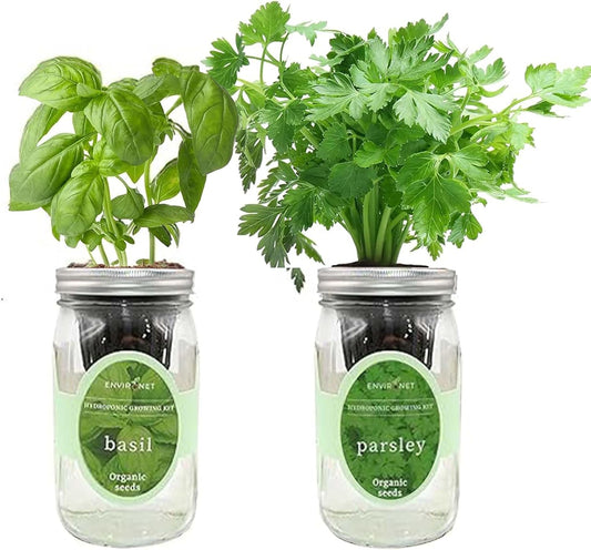 2-Pack Hydroponic Mason Jar Herb Garden Kit, Indoor Herb Garden Self-Watering Starter Kit (Basil, Parsley)