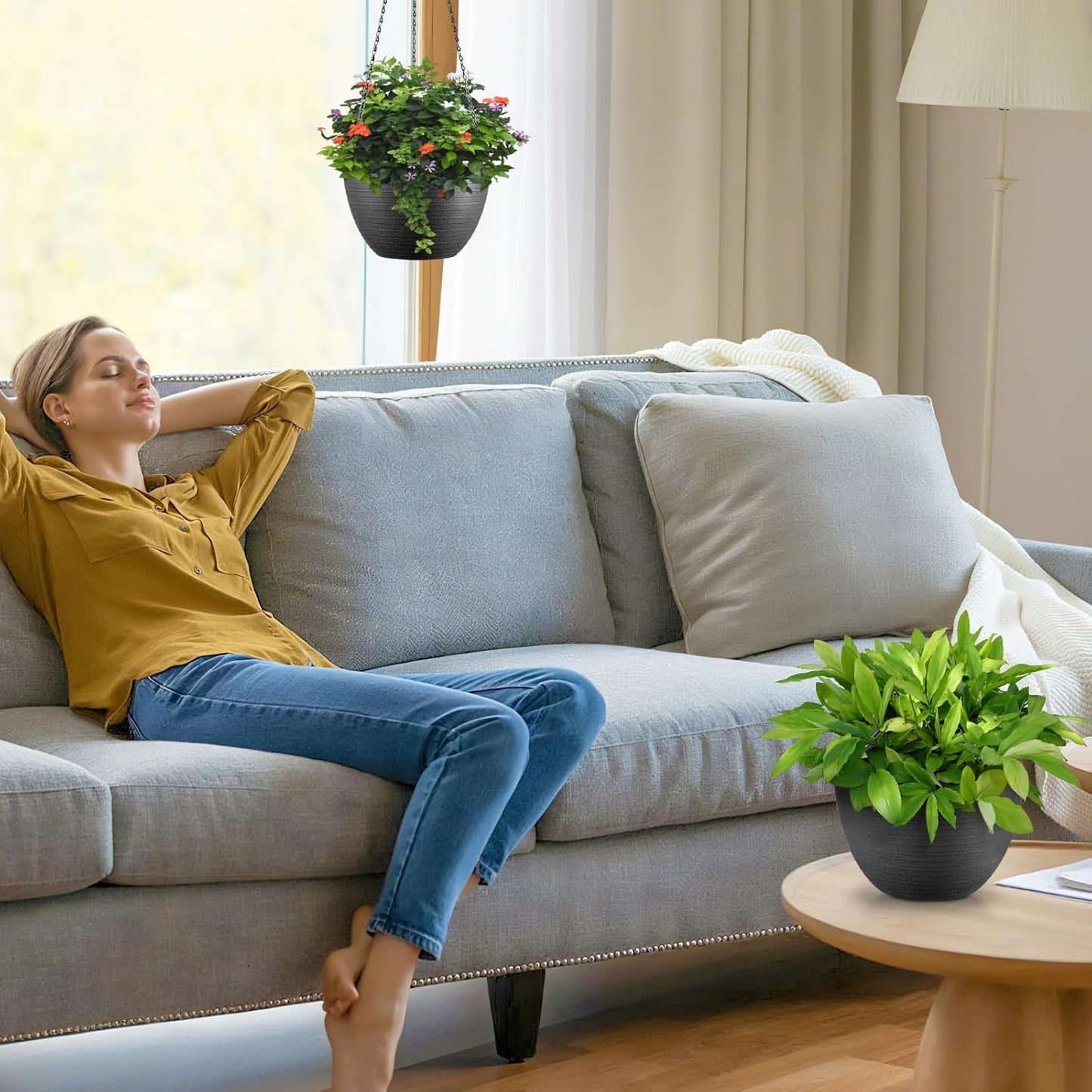 Hanging Planters for Indoor Outdoor Plants, Set of 2 Self Watering Hanging Pots with Drainage Hole & Plug and 20" Chain & Hooks