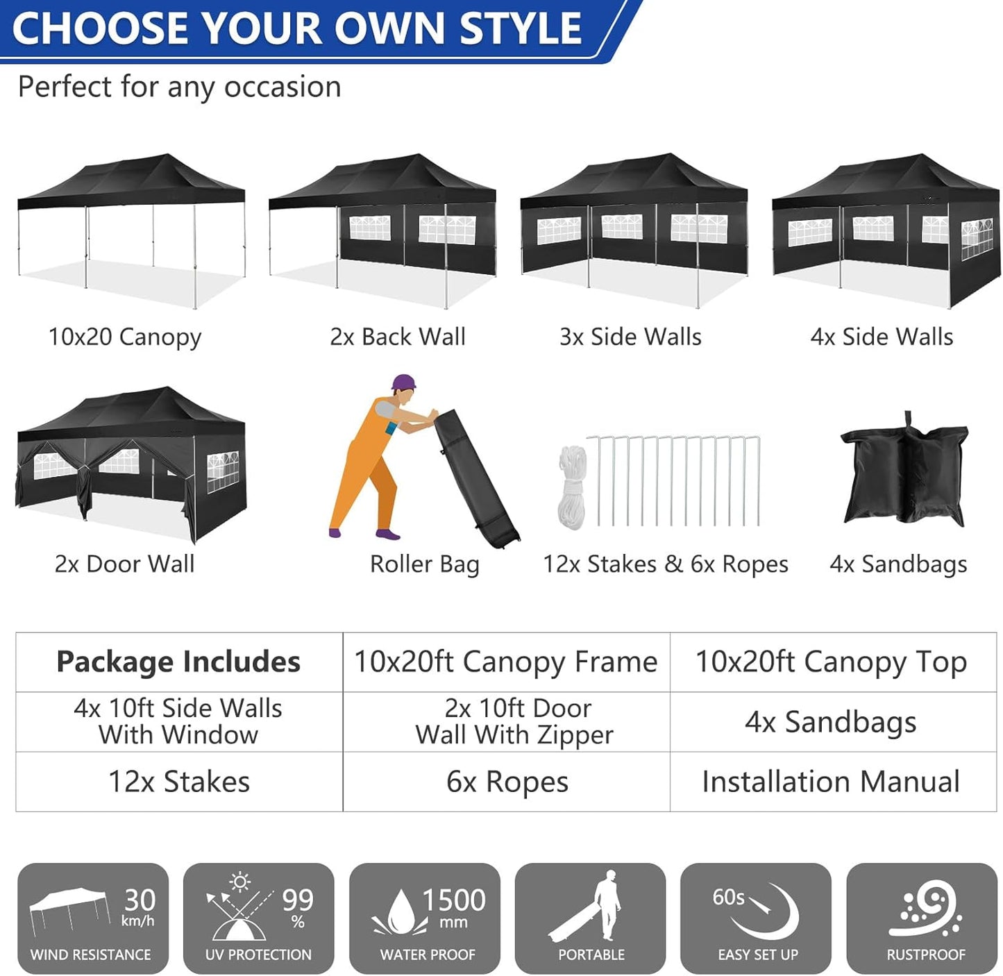 COBIZI 10x20 Pop up Canopy Tent Heavy Duty with 6 Sidewalls, Easy Set-up Commercial Outdoor Party Tent, 100% Waterproof Wedding Tent Gazebo, 3 Height Adjustable with Wheeled Bag, Black