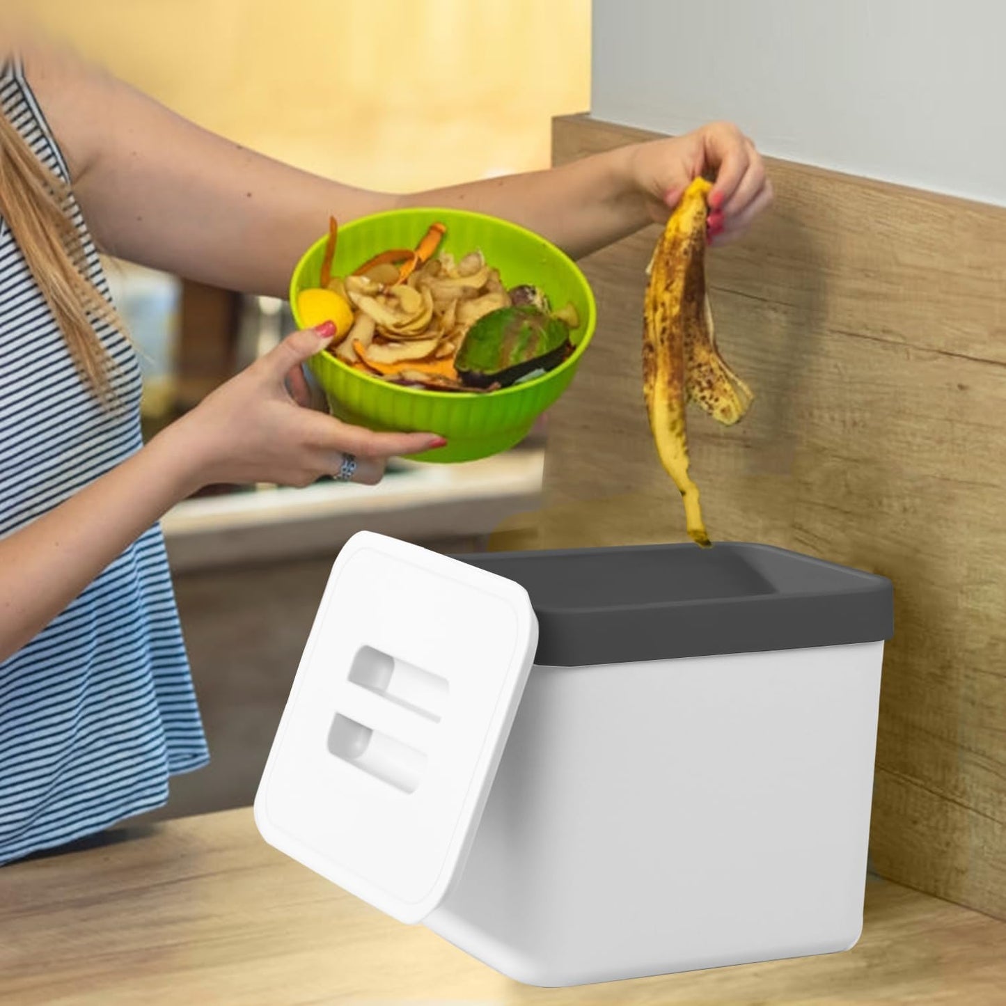 Kitchen Compost Bin Countertop, LALASTAR Hanging Trash Can with Lid for Kitchen Cabinet Door, Wall-Mounted Compost Pail with Colander, 1.8 Gallons, White