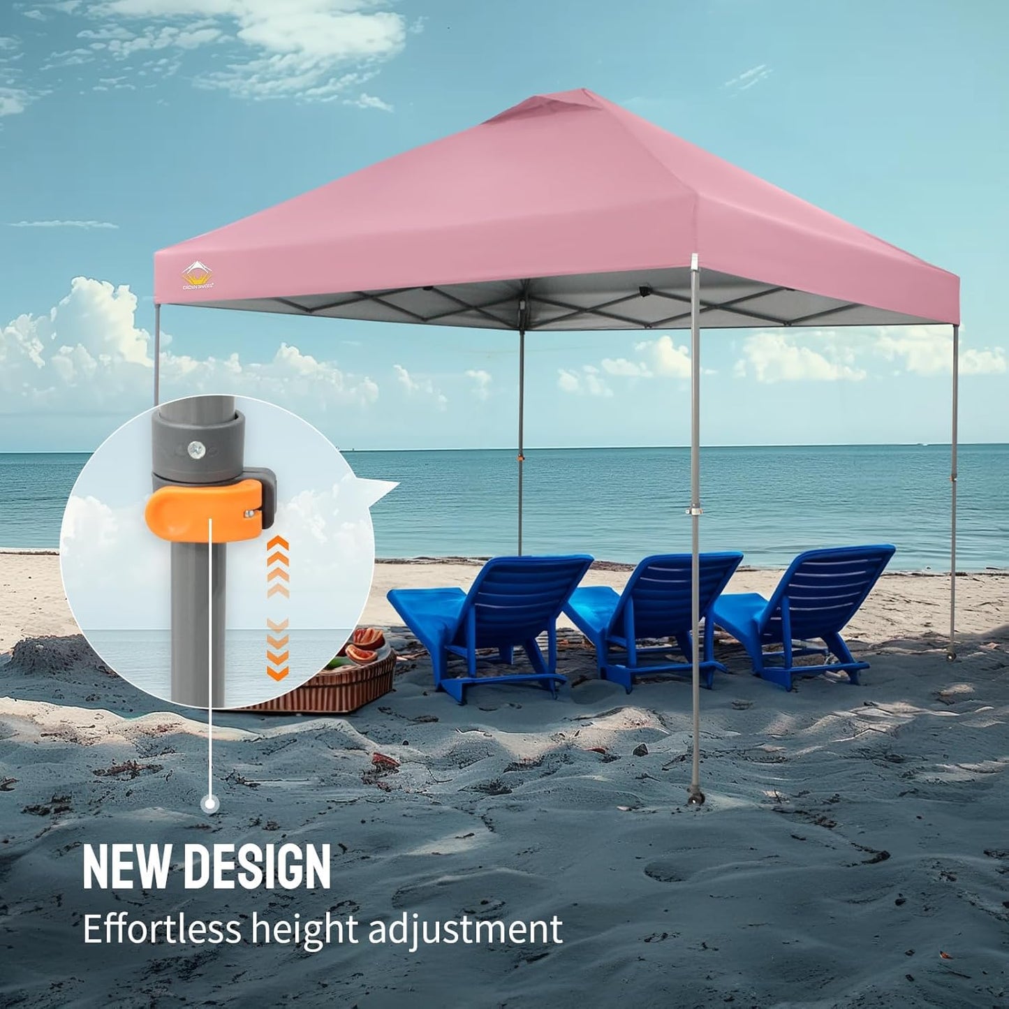 CROWN SHADES Adjustable Height on The Fly, 10x10 Pop Up Canopy - Beach Tent with One Push Setup - Easy Outdoor Sun Shade for Events, Parties, Camping - Outside Shade with STO-N-Go Bag, Pink