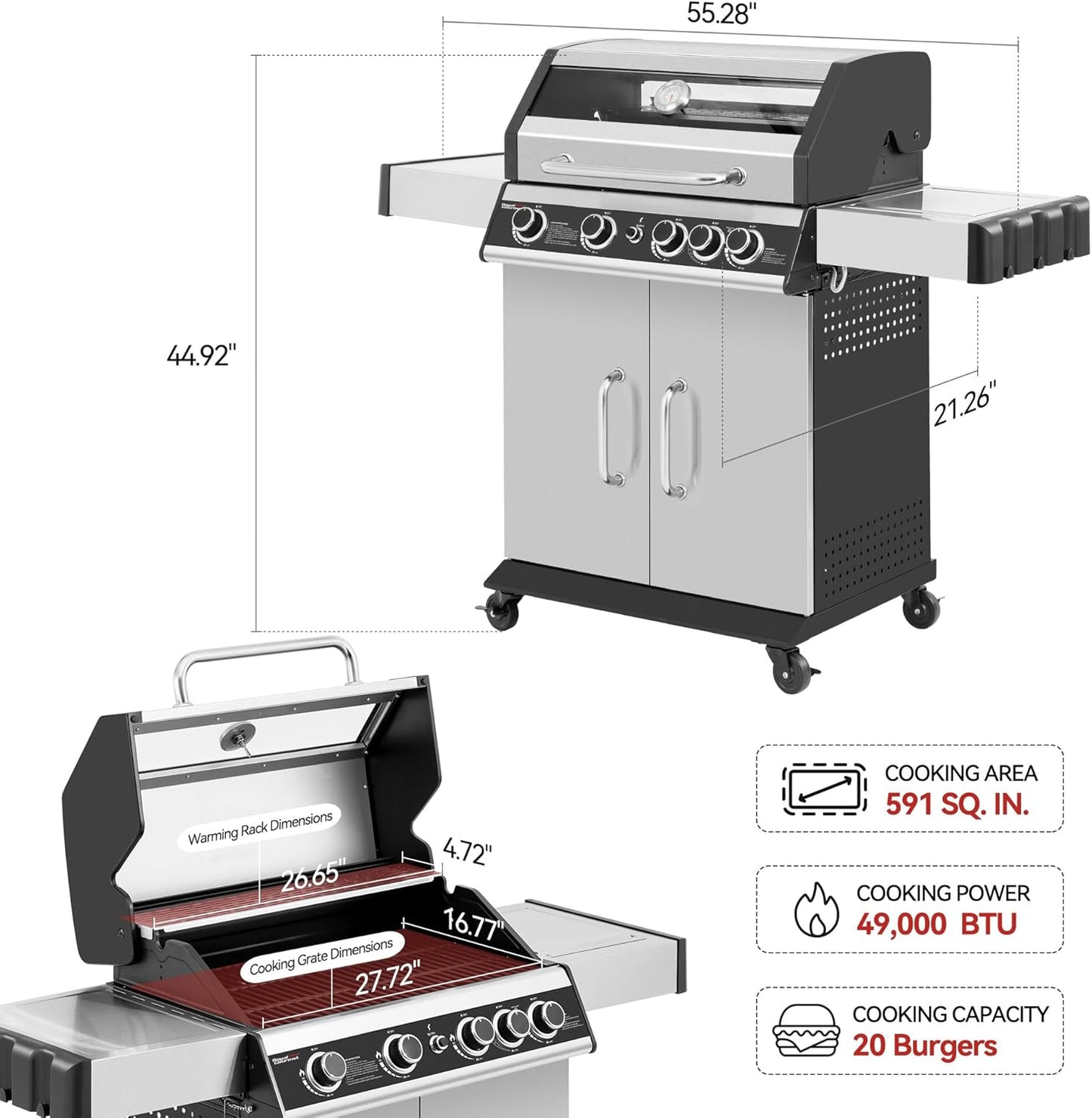 4-Burner Propane Gas Grill with Side Burner, Cabinet Style Grill with Glass Viewing Window, Porcelain-enameled Cast Iron Grate & Stainless Steel Warming Rack, Silver, SG5003S-SC