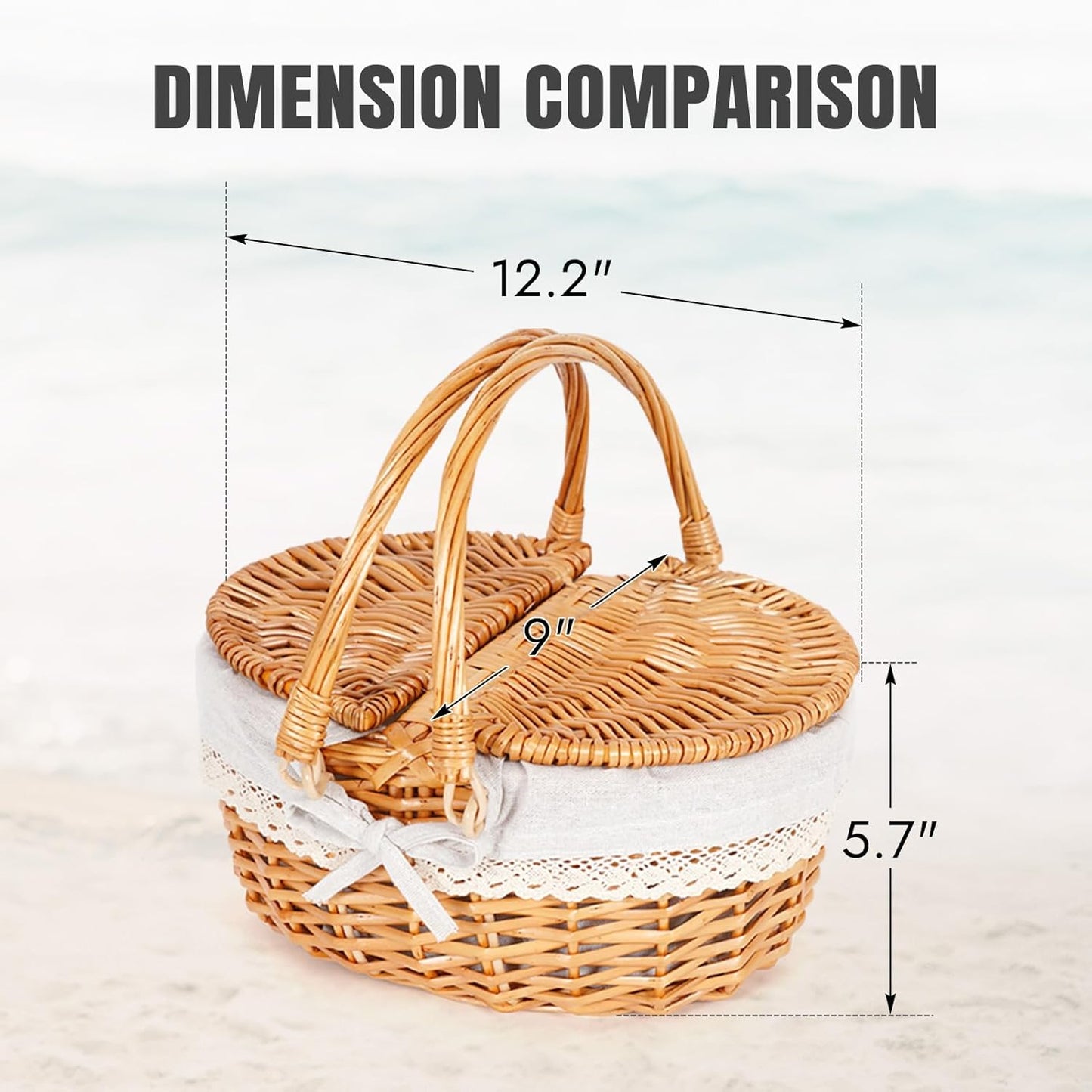 Happypicnic 12" Picnic Basket - Small Wicker Basket with Foldable Handle Lid & Removable Liner | Cute Picnic Basket Toy Empty for Kids, Gift, Halloween, Christmas, Valentines, Easter, Birthday, Solid