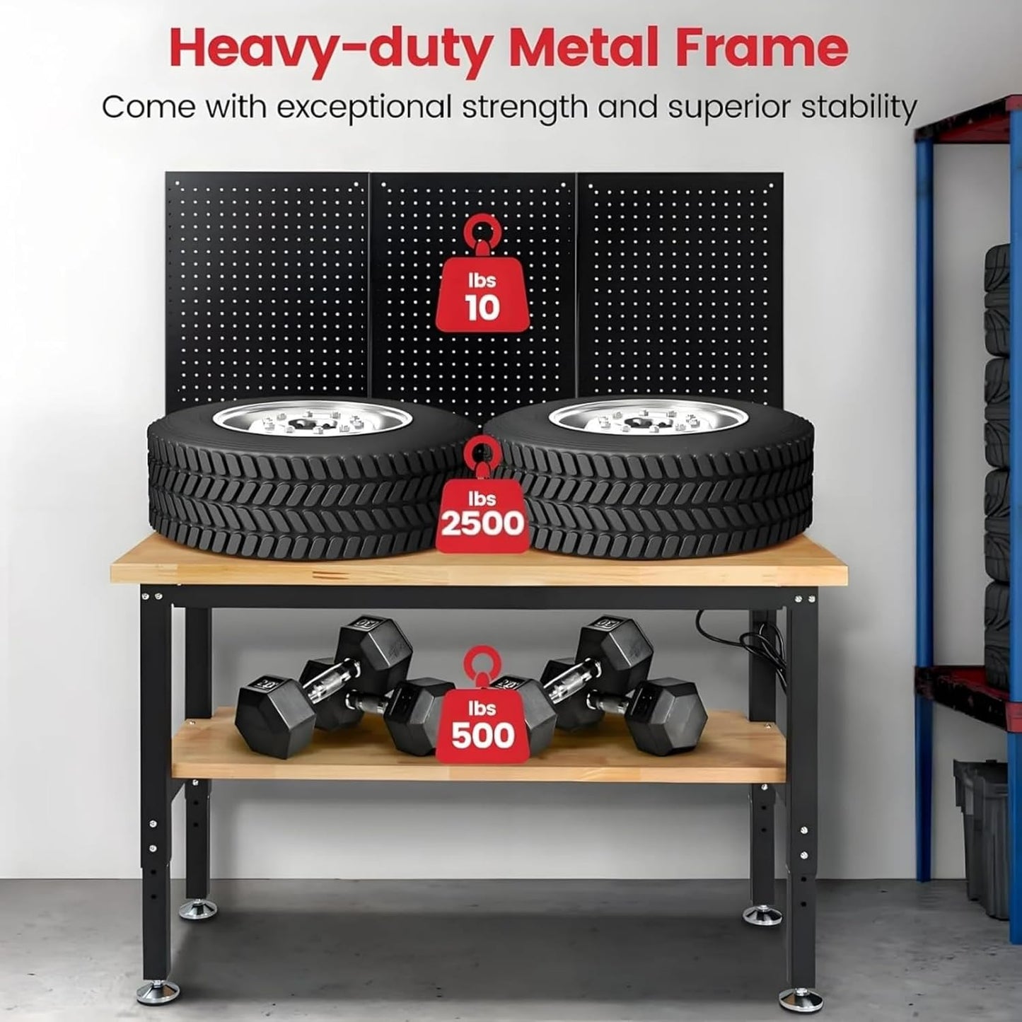 Workbench with Double Layers 48 x 20 Inch Heavy Duty Rubberwood Tabletop Work Table for Garage Adjustable Height Work Bench with Power Outlets Pegboard Pad for Woodworking Shop, Home, Office