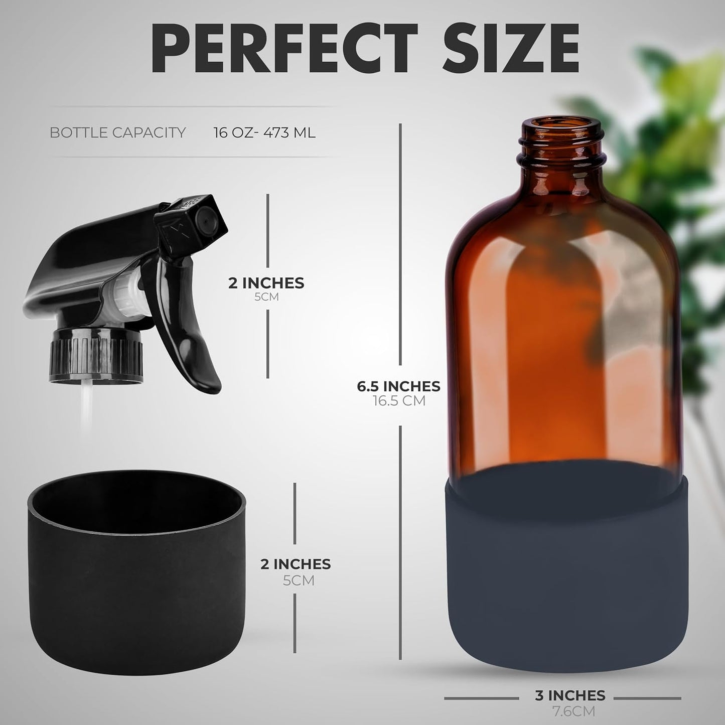 16oz Empty Glass Spray Bottle with Silicone Sleeve Protection - Refillable Containers for Cleaning Solutions, Essential Oils, Misting Plants - Including 2 Sprayers (Amber, 2 PACK)