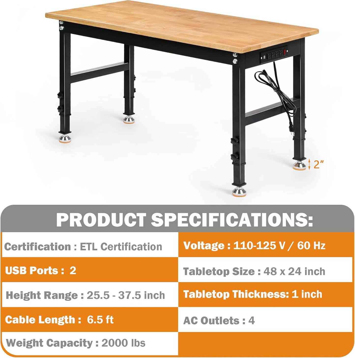 Adjustable Height Workbench, 48" Rubber Wood Top Heavy Duty Workstation with Power Outlets, 2000 LBS Load Capacity Hardwood Worktable for Workshop, Garage, Office, Home, Commercial