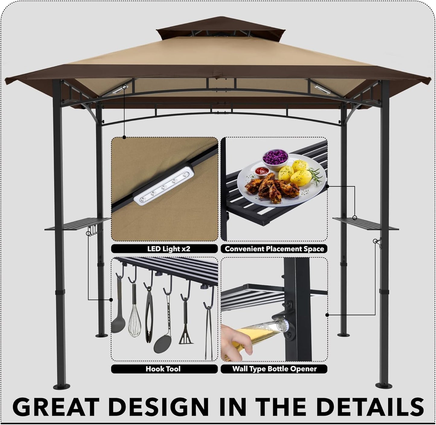 MASTERCANOPY 8 x 5 Grill Gazebo Outdoor BBQ Gazebo Canopy with 2 LED Lights (Brown Stitching Khaki)