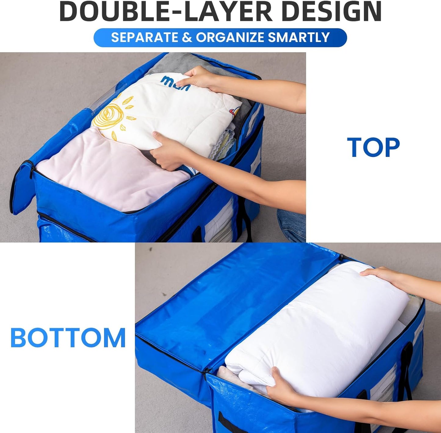 TAILI 2 Tier Extra Large Moving Bags, 2 Pack Blue Heavy Duty Totes For Storage with Visible Window, Wrap Around Handles, Storage Bags for Space Saving, Alternative to Moving Boxes