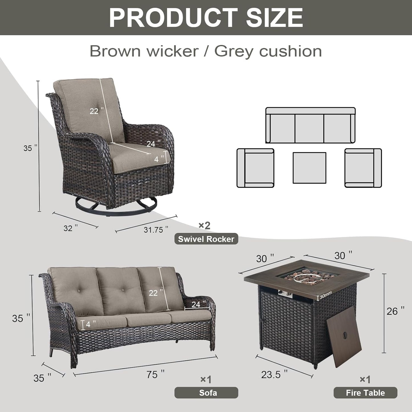 Outdoor Patio Furniture Set with 50000BTU Propane Fire Pit Table, 4 Pieces Wicker Patio Conversation Set with 2 Swivel Rocker Glider Chairs Rattan Sofa Grey Cushion Perfect for Gathering