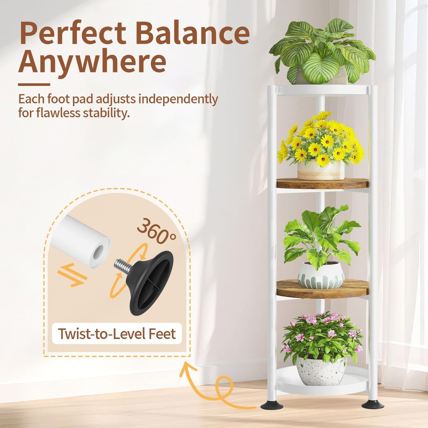 LASZOLA 4 Tier White Plant Stand Indoor for Large Tall Heavy Duty Flower Planter, Metal Vertical Multi Level Rack for Narrow Floor Corner, Sturdy Round Holder Organizer, Modern, Mid Century, Farmhouse