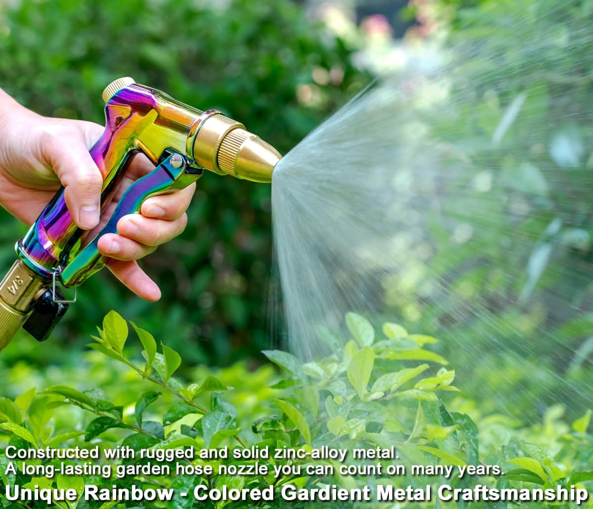ESOW Heavy Duty Metal Garden Hose Nozzle, High Pressure Water Hose Nozzle with 4 Spray Patterns Rotating, Ideal for Outdoor Lawn & Garden Watering, Car & Pet Washing, Rainbow