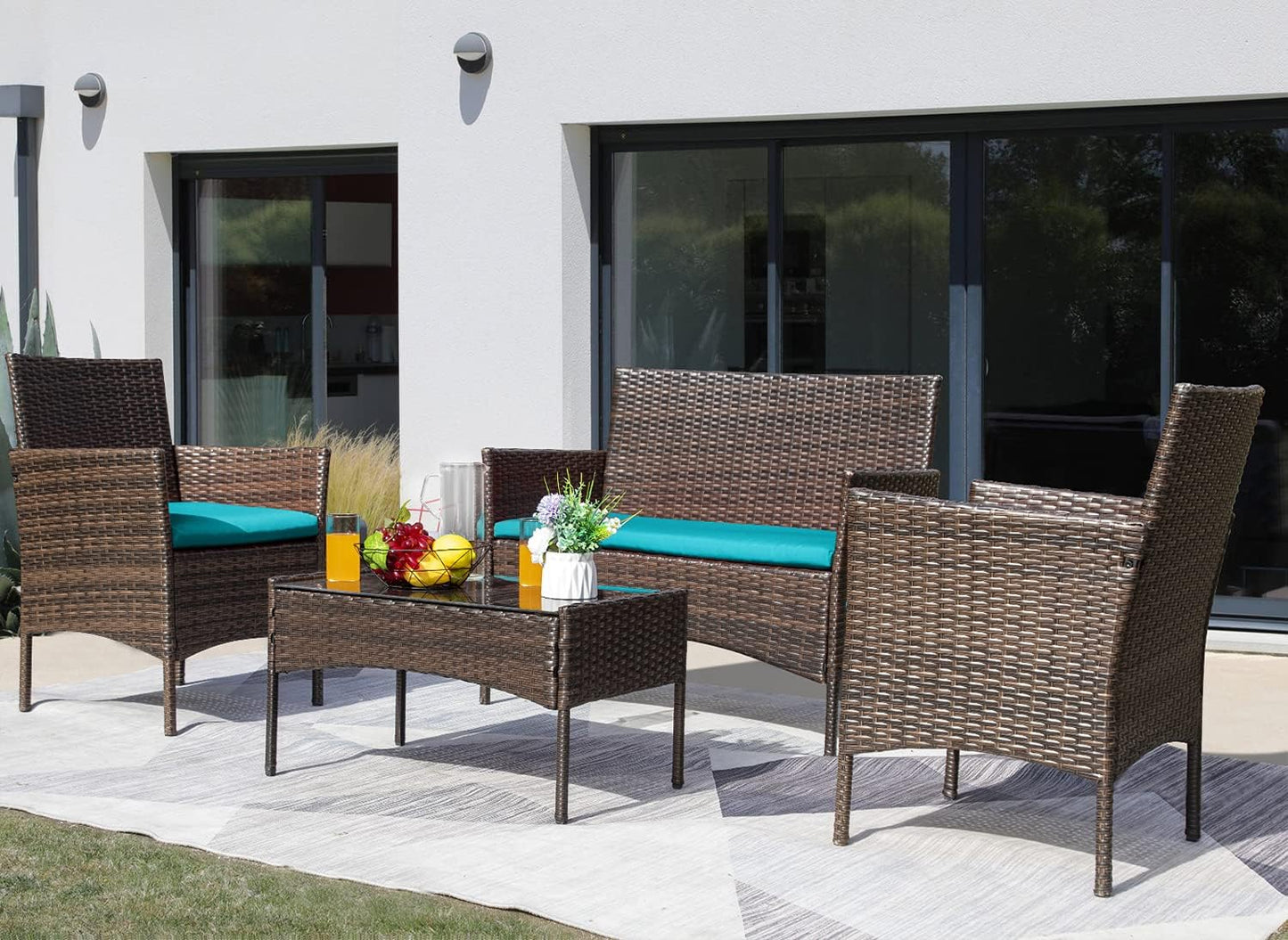 Greesum Patio Furniture 4 Pieces Conversation Sets Outdoor Wicker Rattan Chairs Garden Backyard Balcony Porch Poolside loveseat with Soft Cushion and Glass Table, Brown and Blue