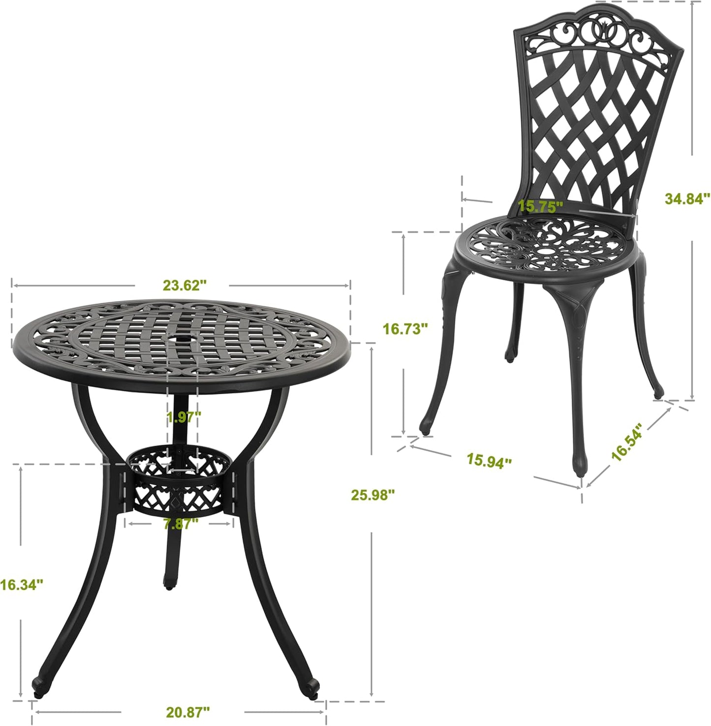 NUU GARDEN 3 Piece Outdoor Bistro Table Set, All Weather Cast Aluminum Patio Bistro Sets Patio Table and Chairs Set of 2 with Umbrella Hole for Yard, Garden, Balcony, Black