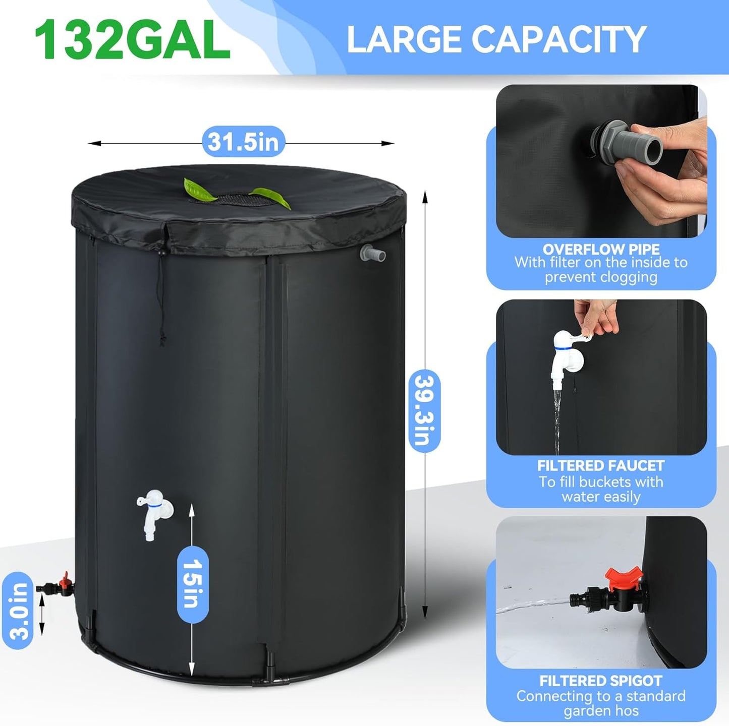 Upgraded 132 Gallon Rain Barrel Water Tank - Portable Rain Water Collection Barrel - Large Water Storage Tank - Stable Water Barrels Rain Catcher with Spigot Overflow Kit, Black