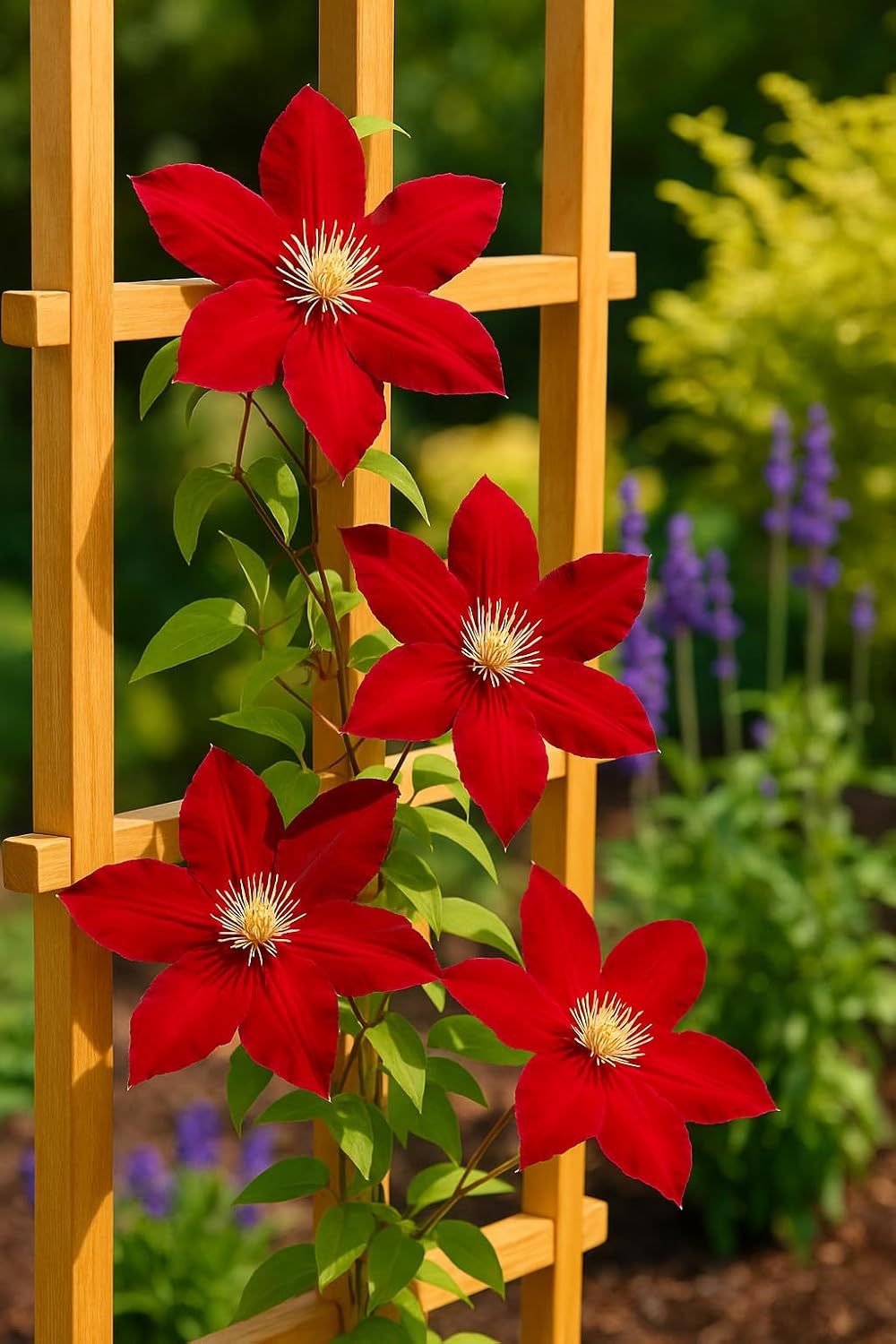 Perennial Farm Clematis 'Rebecca' Hybrid – Live Flowering Vine in 4 Quart Container, Large Velvety Red Blooms, Long Blooming, Compact Climber, Ideal for Trellises, Arbors & Containers