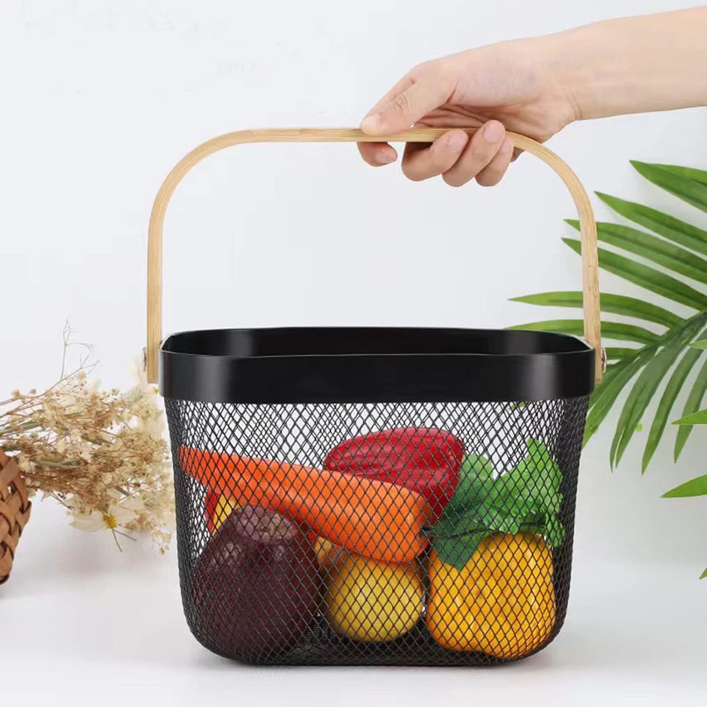 Metal Mesh Steel Basket, Storage Organizer Basket Multi-functional Hanging Kitchen Baskets Fruit Basket Bin with Bamboo Handle for Kitchen Bathroom Picnic Shopping Decor Cabinet Home, Black