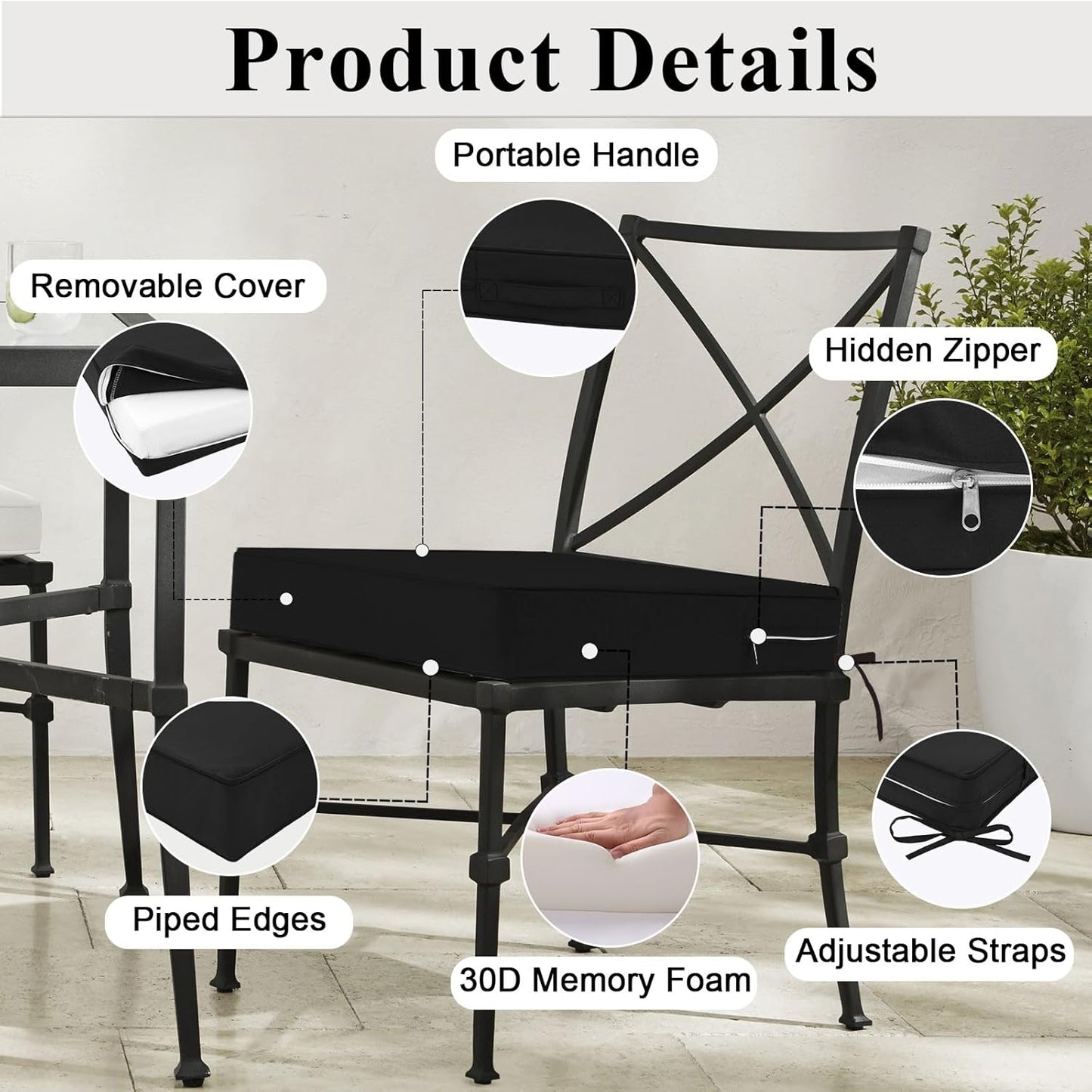 Outdoor Chair Cushions Set of 2 for Patio Furniture 24x24x4 Inch Waterproof Patio Chair Cushion 3 Year Color Fastness Square Elastic Foam Garden Couch Pads with Ties and Handle,Black