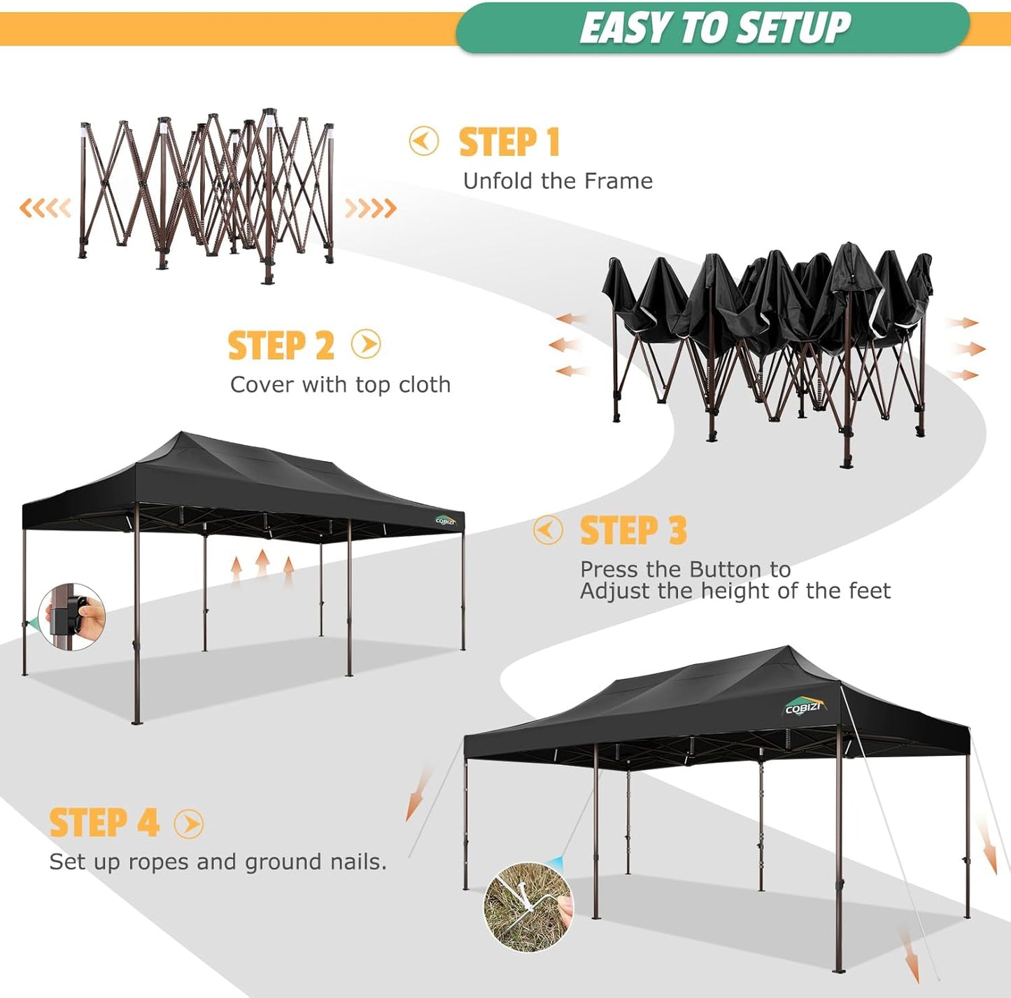 COBIZI 10x20 Pop Up Canopy Heavy Duty Without Sidewalls, Commercial Heavy Duty Pop Up Tent for Parties All Weather Waterproof and UV 50+ Wedding Tent with Roller Bag(Legs Upgraded),Black