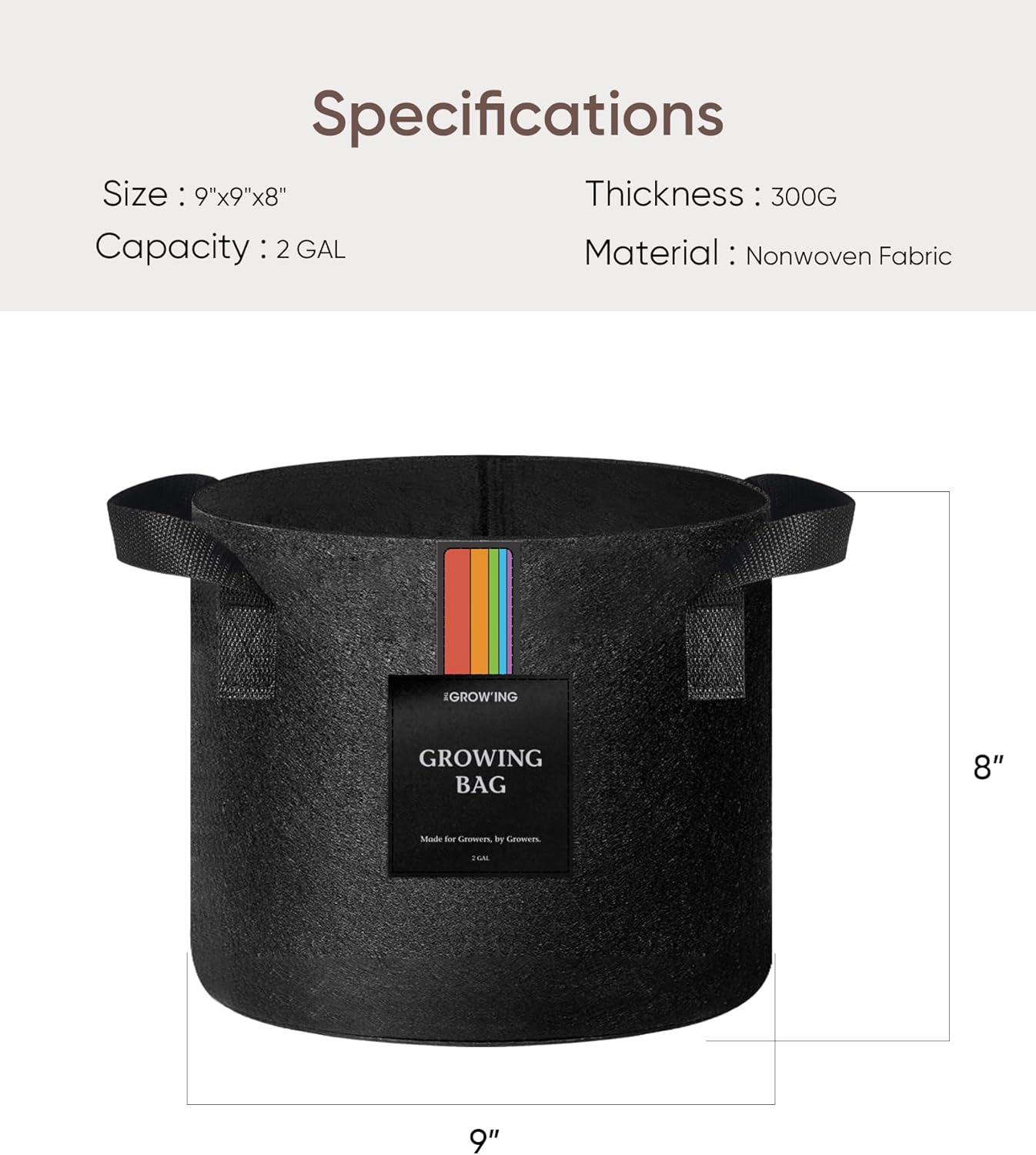 The Growing 5 Pack 2 Gallon Fabric Grow Bags，Thickened Aeration Nonwoven Fabric Plant Pots with Durable Handles,Heavy Duty 300G Planter Pot for Tomato, Fruits, Vegetables and Flowers, Black