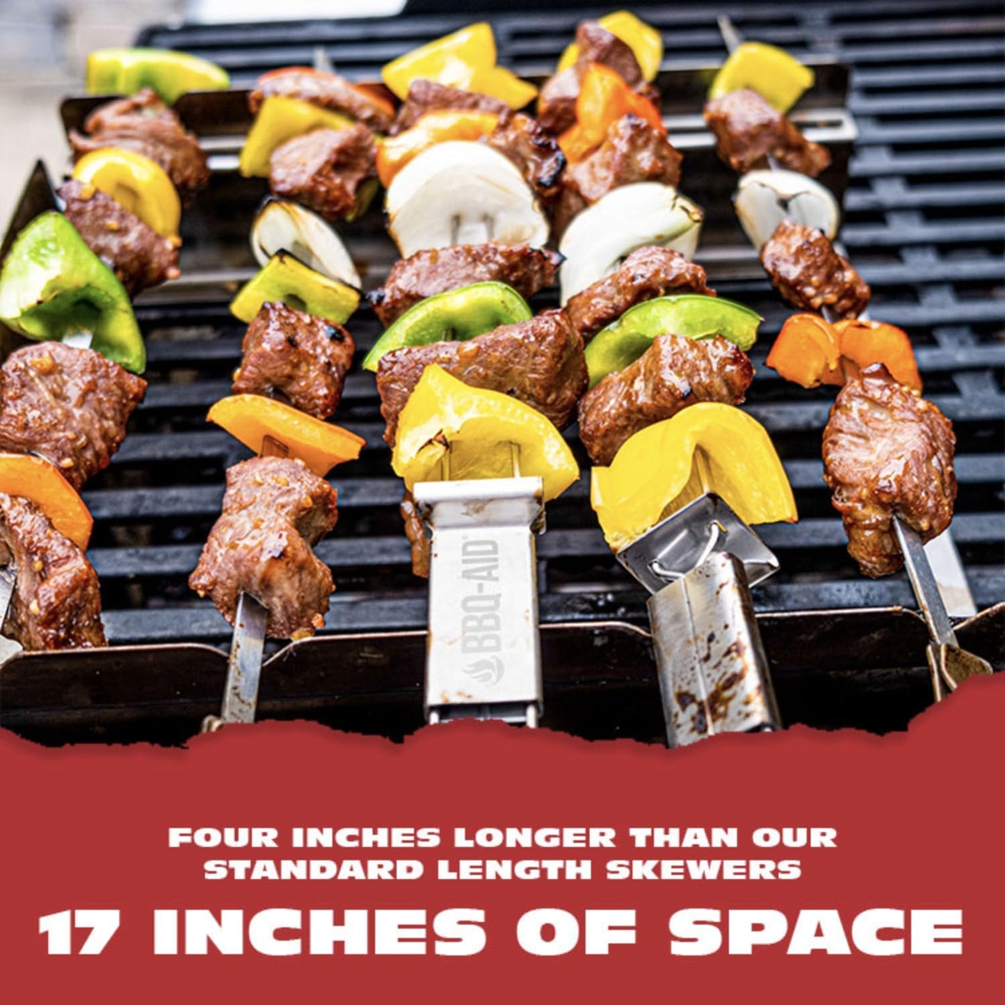 BBQ-AID Extra Long 17" Skewers - Quick Release Barbecue Metal Skewers for Kabobs - Double Pronged, Stainless Steel
