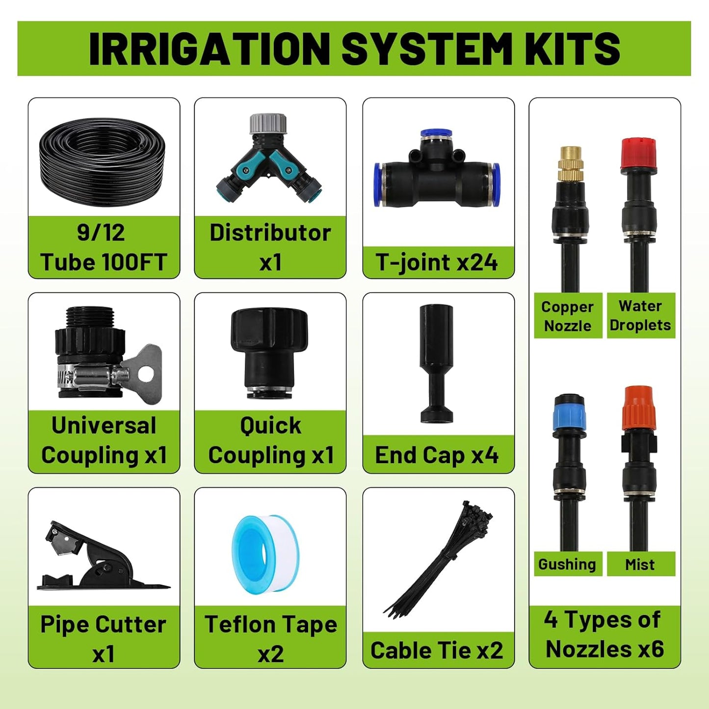 Drip Irrigation Kit - 100 FT. Hose Sprinkler System with 360° nozzles and T-connectors for Gardens, lawns, Plants, Flower beds, Trees, patios and hydroponics (24 360° nozzles + 24 T-connectors)